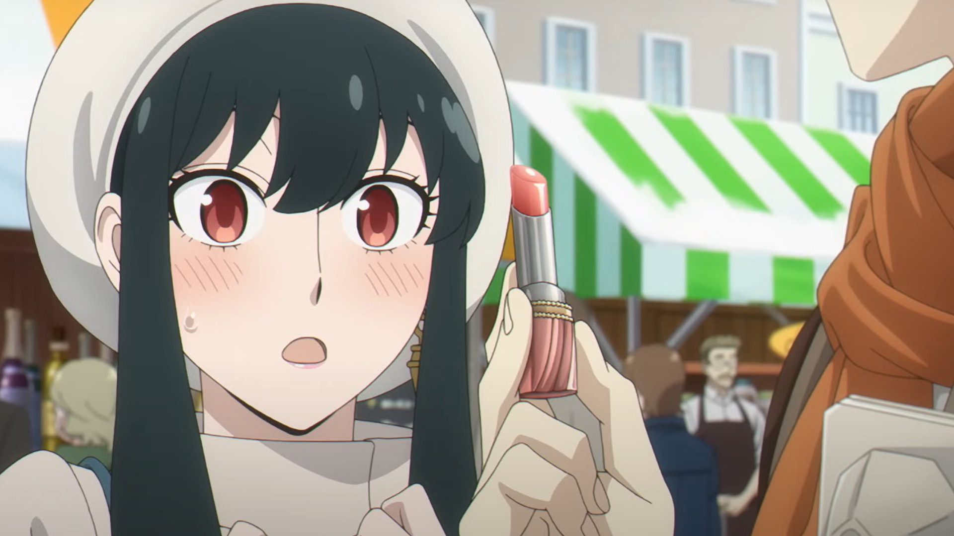 Yor looking at some lipstick that Loid is holding during the anime movie Spy x Family: Code White.