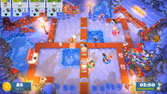 Best Christmas games - four players desperately trying to prepare a Christmas feast in Overcooked 2.