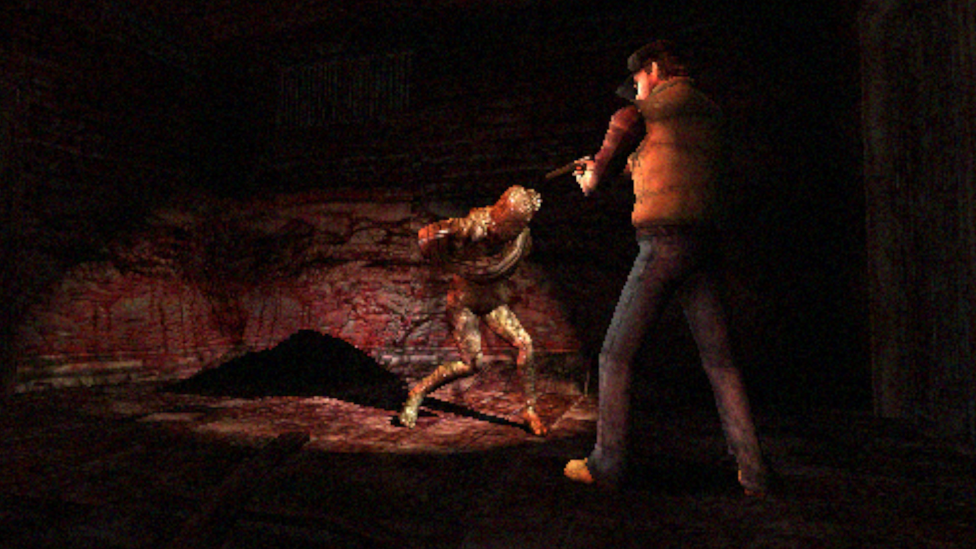 In a dark otherworld room Travis points a gun at a nurse enemy in Silent Hill Origins