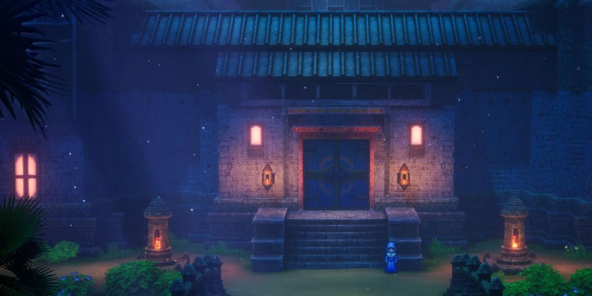 A sage stands outside an elaborate building in Dragon Quest 3 HD-2D Remake.