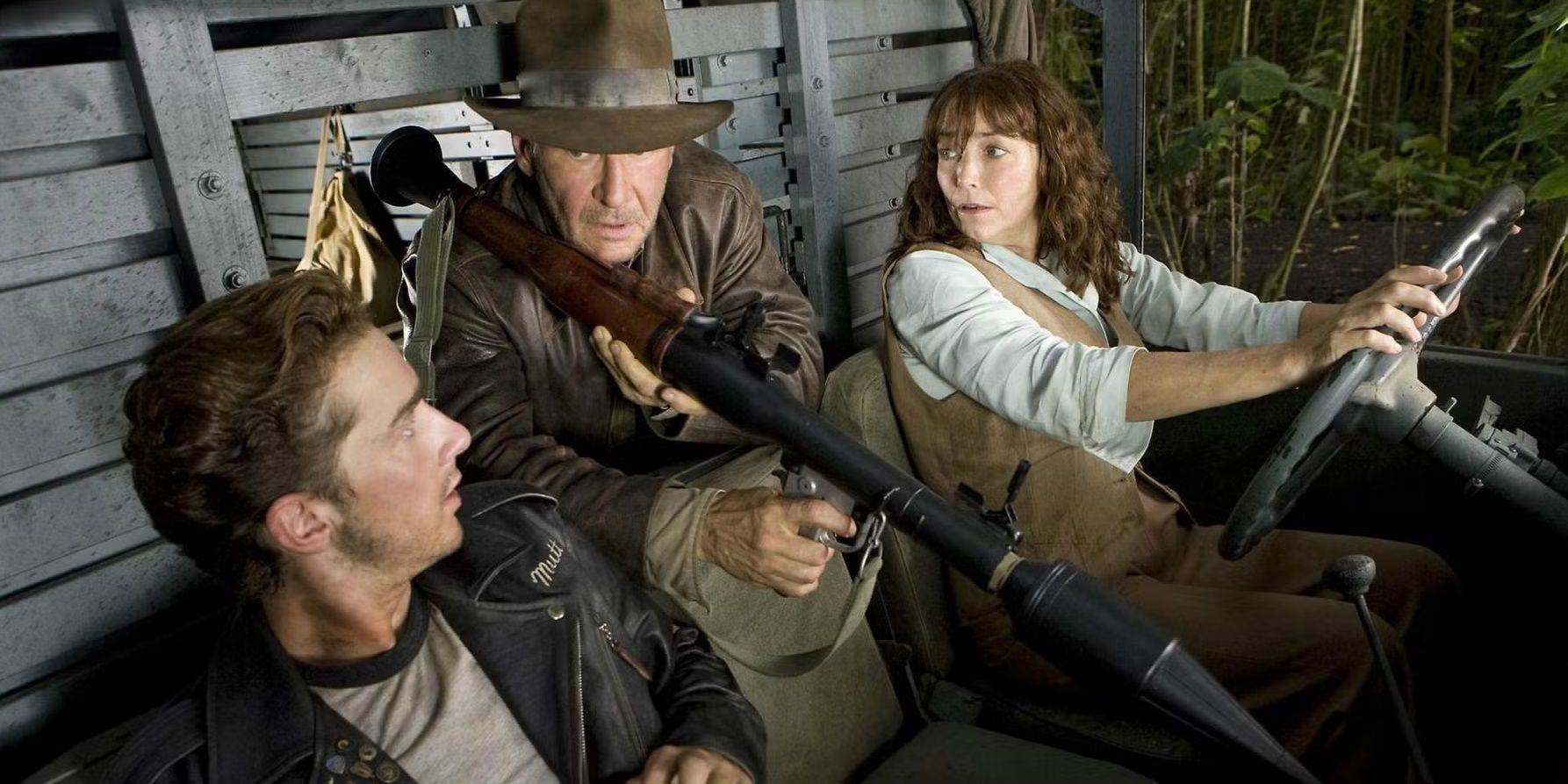 Indiana Jones and the Kingdom Of The Crystal Skull: Jones holding a rocket launcher during a jungle chase with Russians.