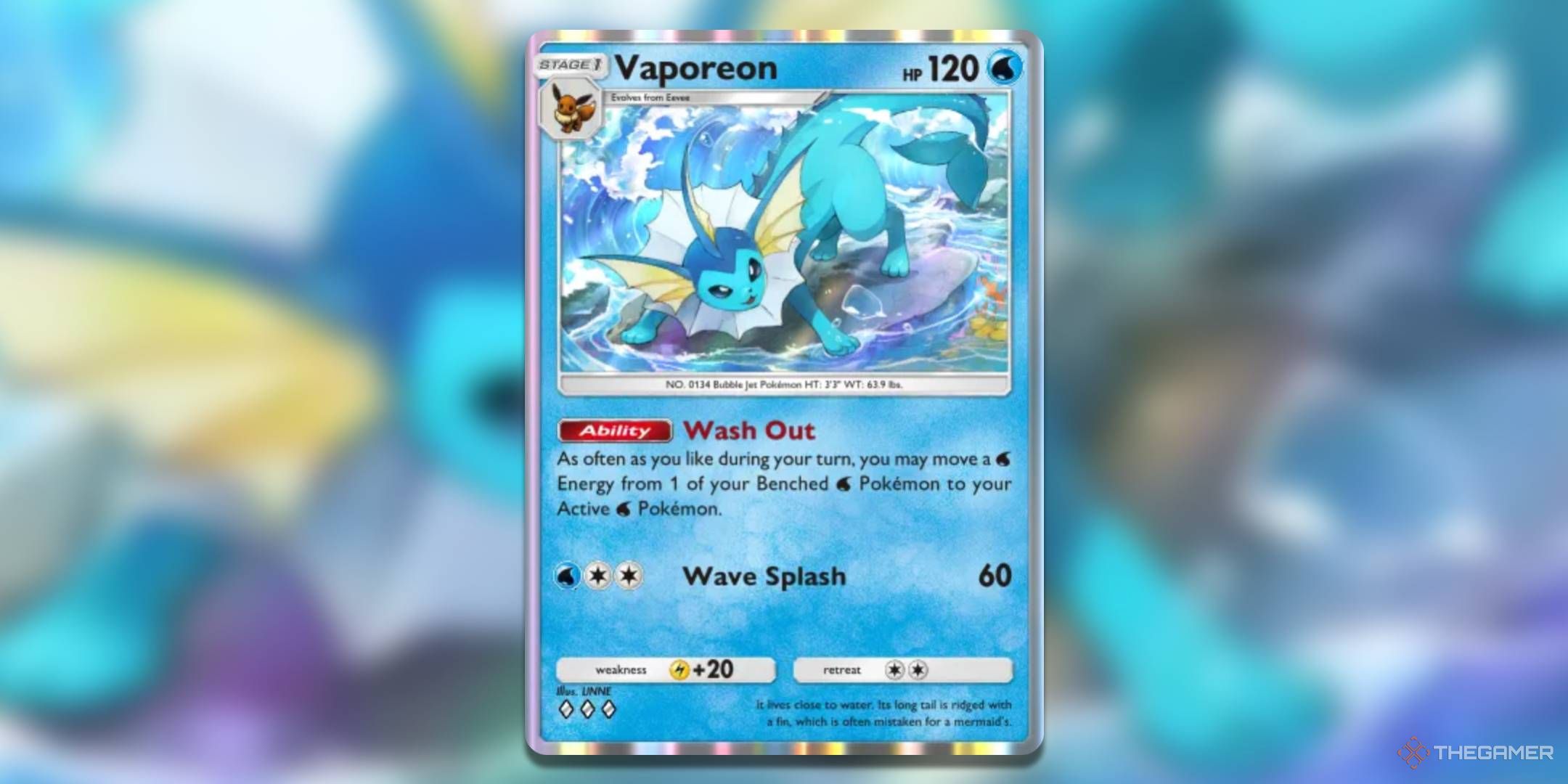 Vaporeon in Pokemon TCG with background.