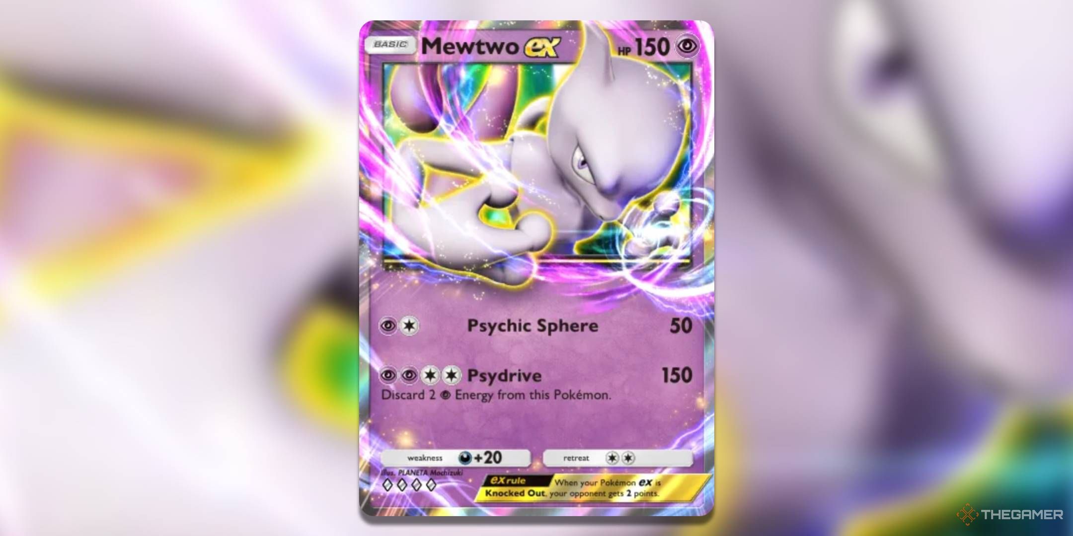 Mewtwo ex in Pokemon TCG Pocket with background.