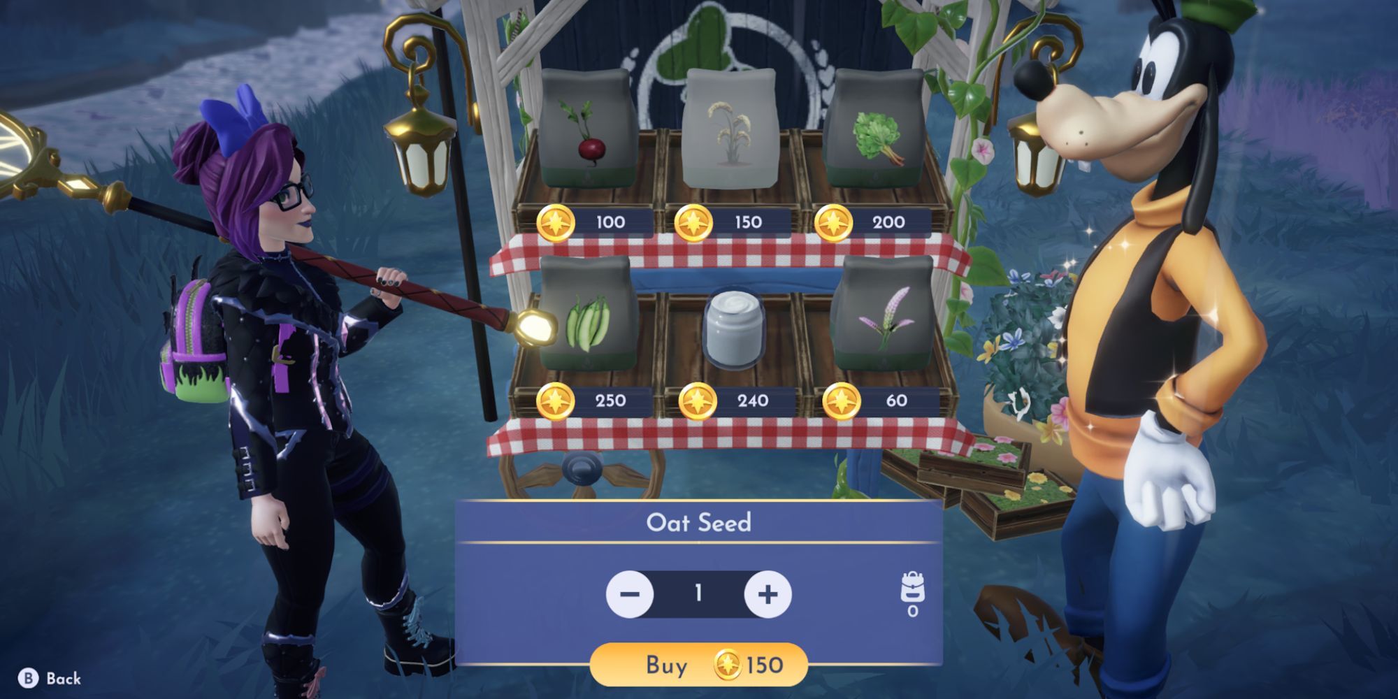 Buying Oat Seeds from Goofy's Stall in the Wild Woods in Disney Dreamlight Valley