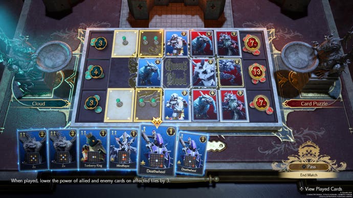 Queen's Blood card game board showing deck of cards and board grid as a static puzzle