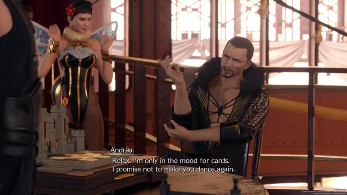 Final Fantasy 7 Rebirth screenshot showing Andrea challenging Cloud to a game of cards