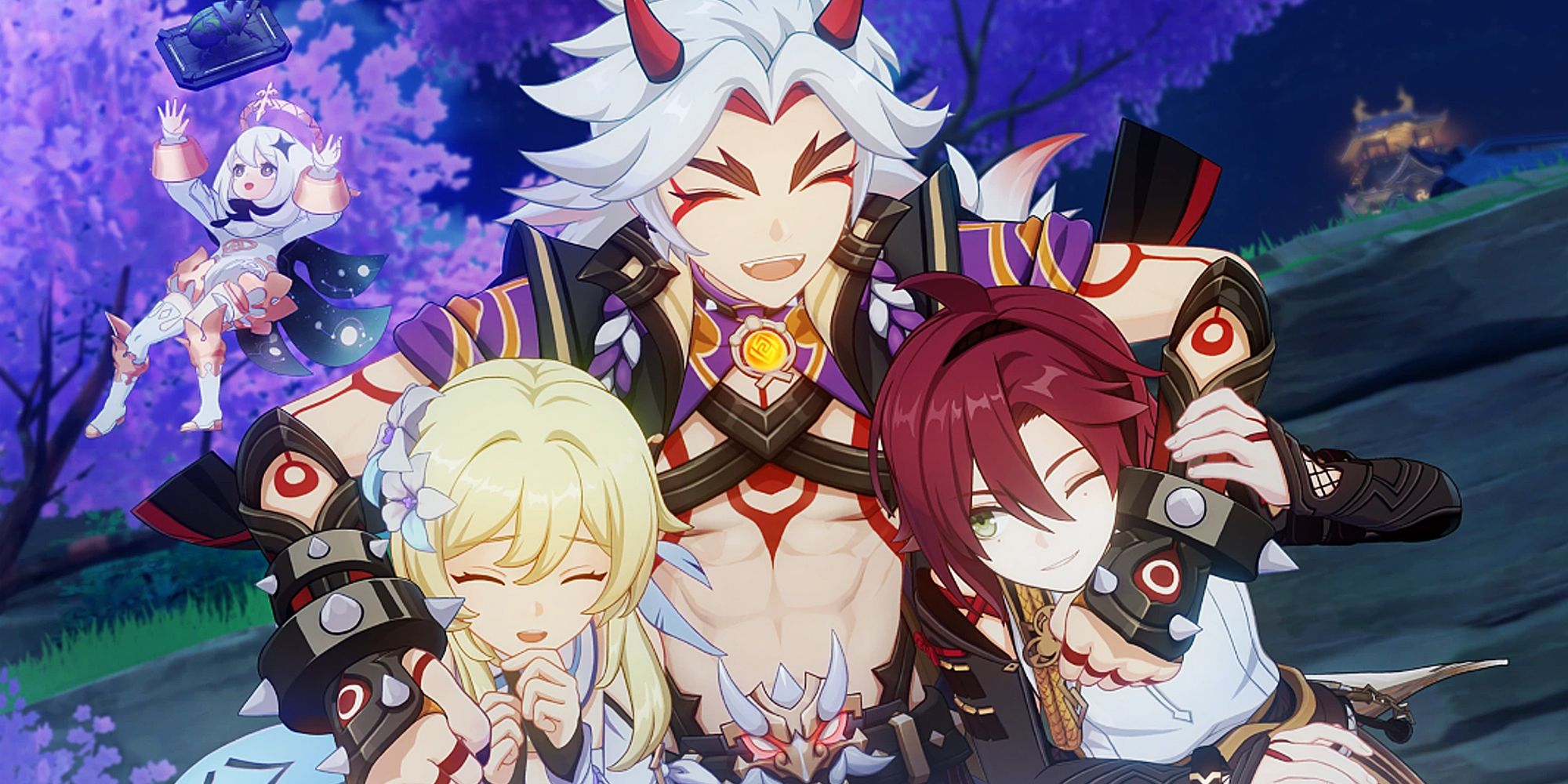 Lumine, Paimon, Itto and Heizou from Heizou's hangout quest in Genshin Impact.