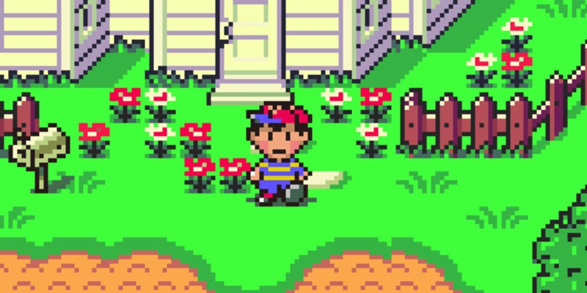 Ness, surrounded by flowers, standing in front of a house in Earthbound.