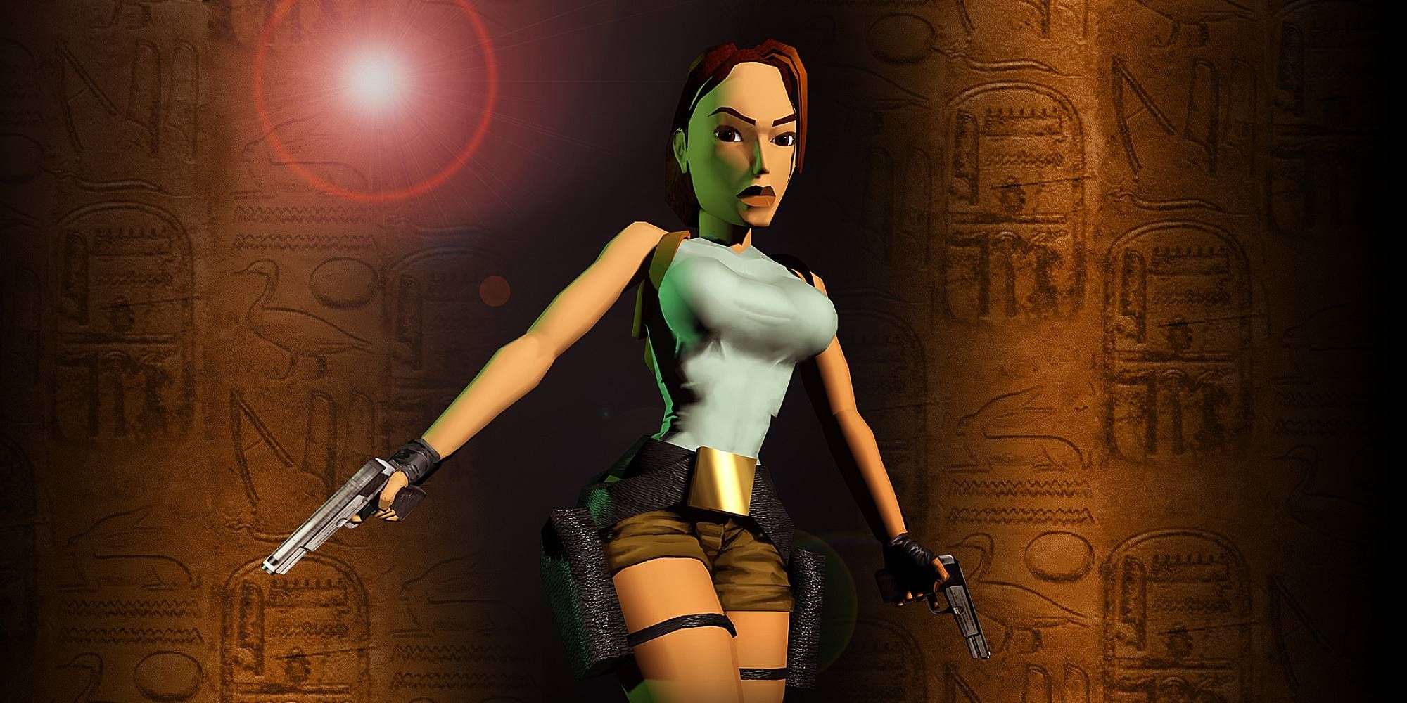 Lara Croft holds her dual pistols with ancient script in the background.