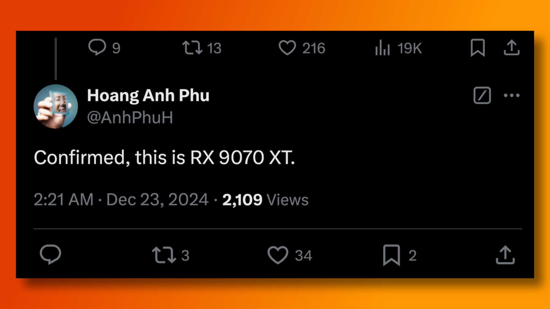 X tweet confirming an AMD Radeon RX 9070 XT render was shared in an AMD ad 