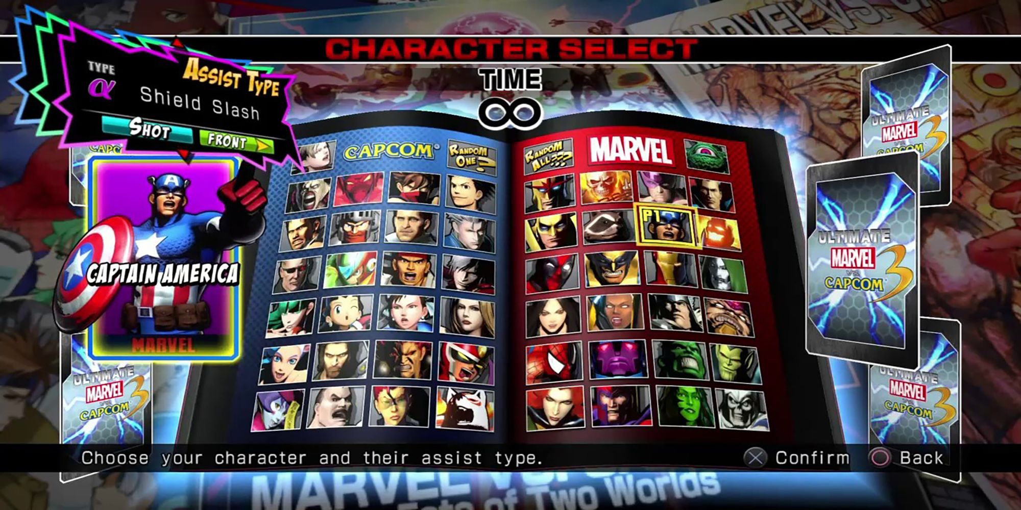 A roster of fifty video game icons and comic book legends clash in Ultimate Marvel Vs Capcom 3's comic book style character select screen.