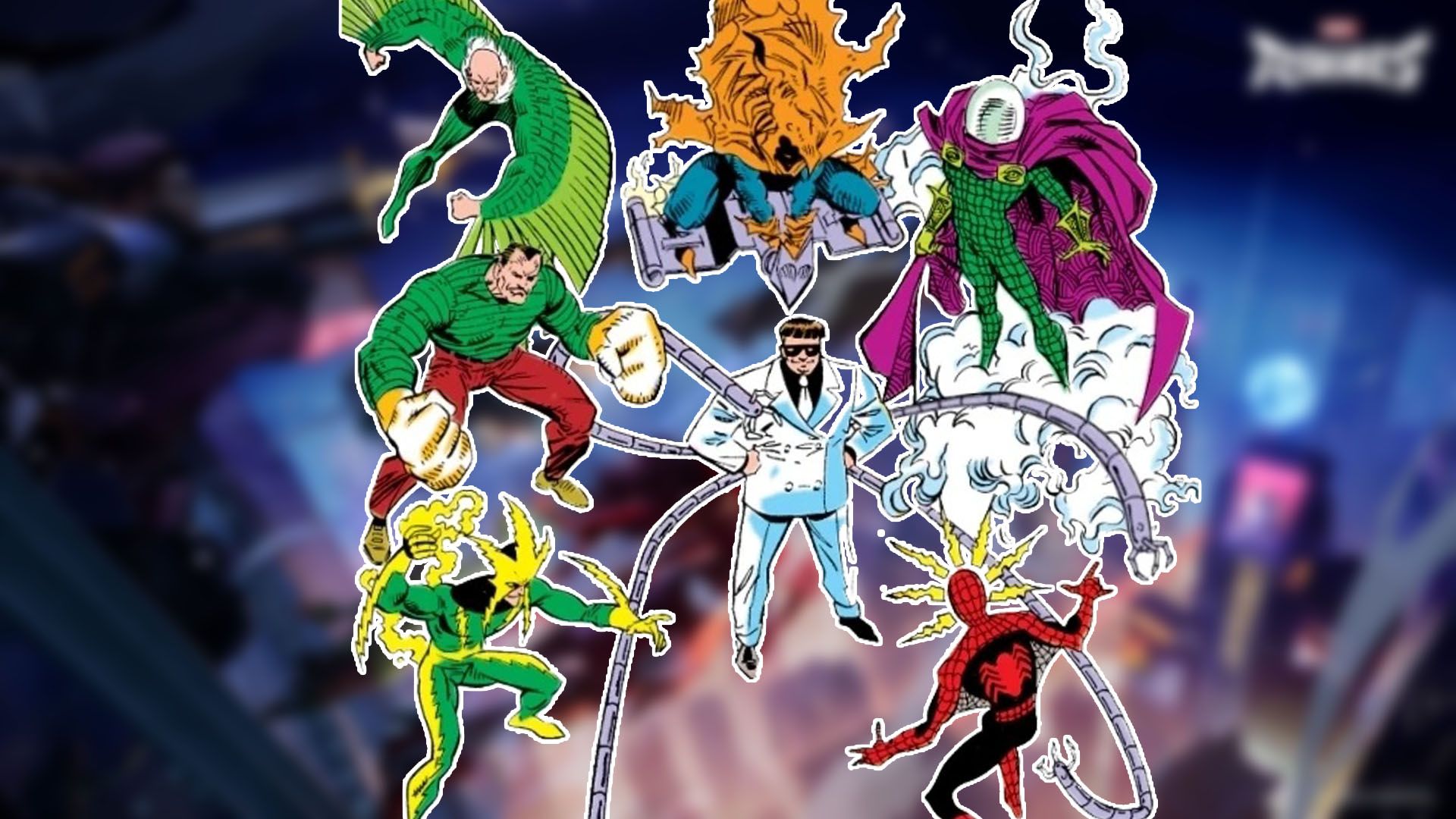 The Sinister Six battling Spider-Man with a Marvel Rivals background.