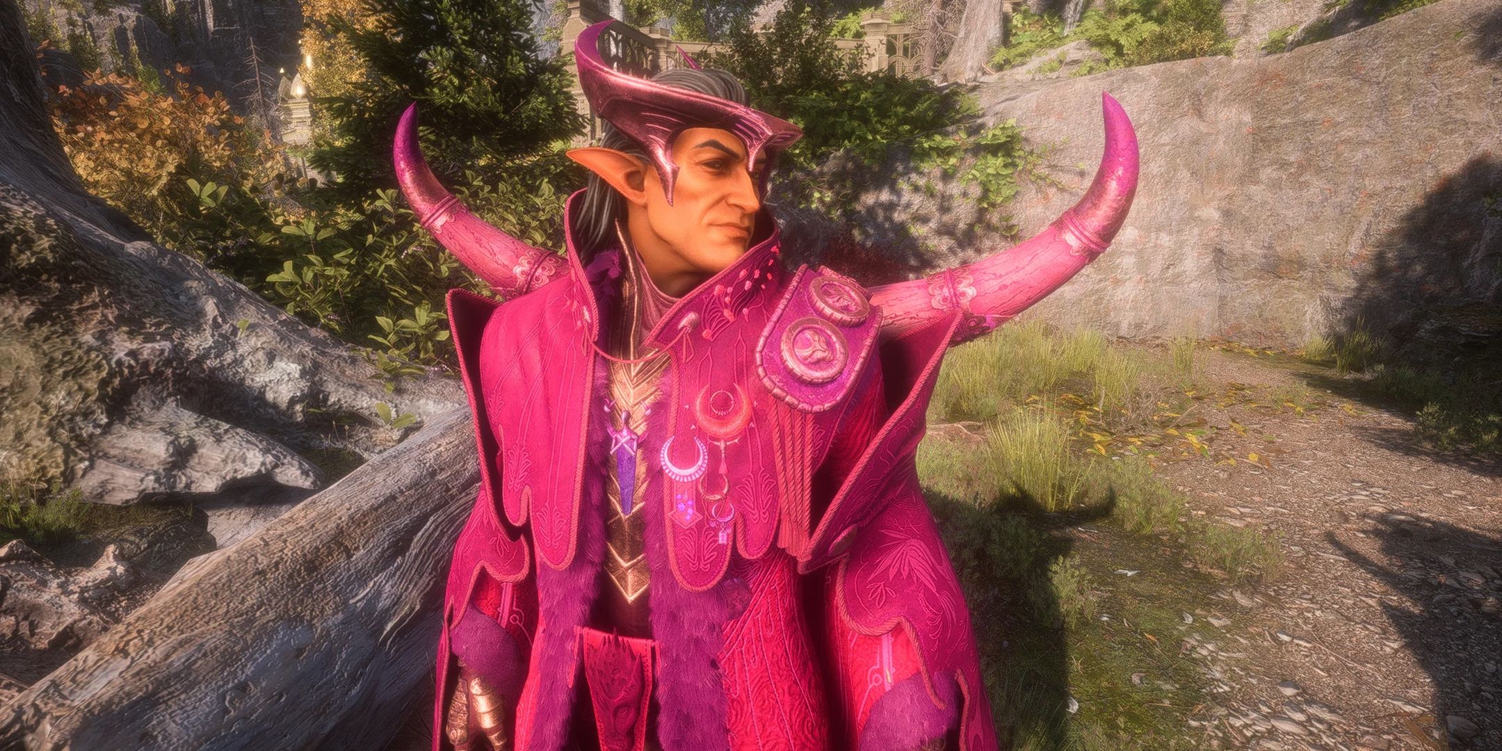 Dragon Age The Veilguard screenshot of Elgar'nan in an all-pink outfit.