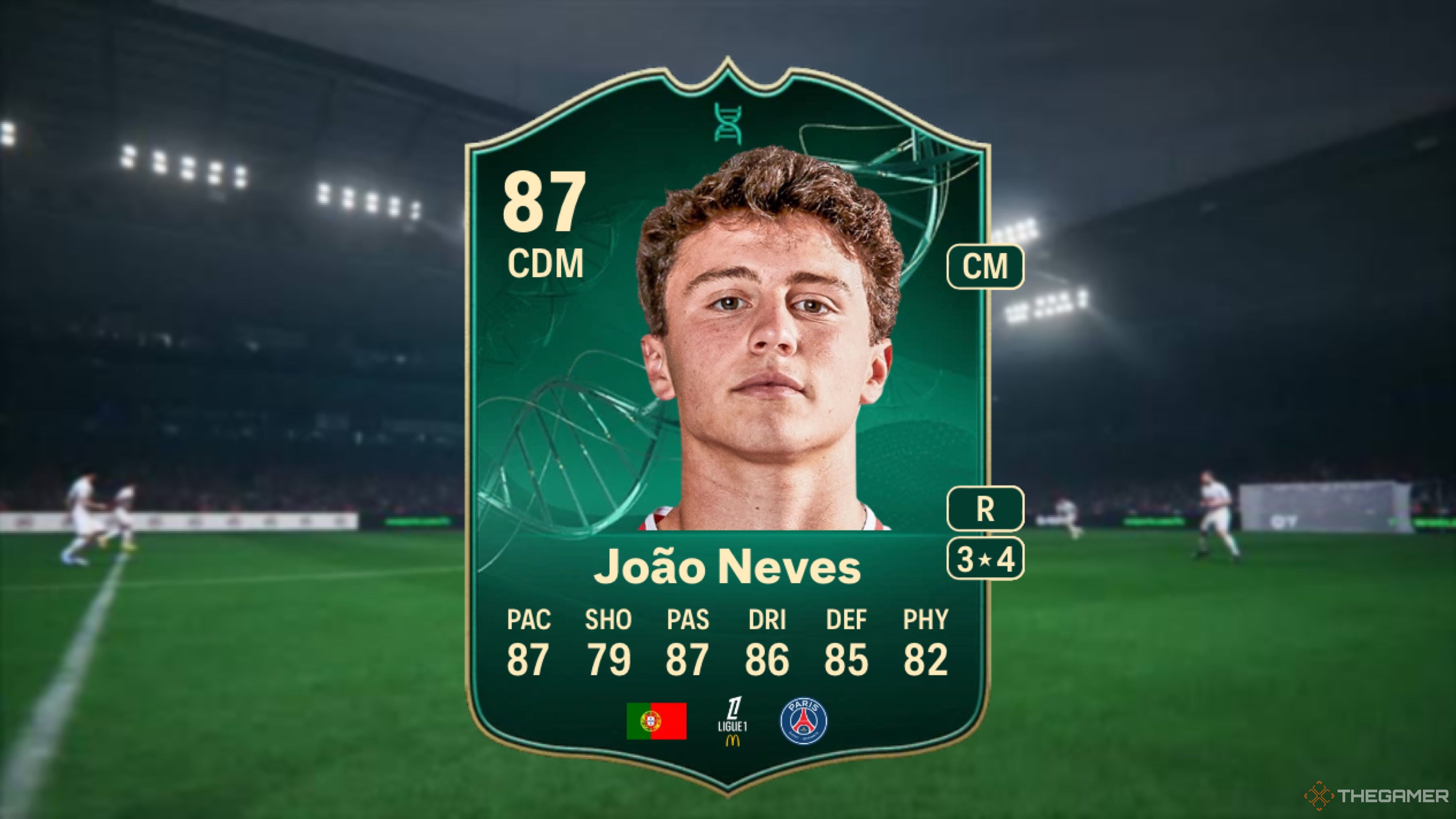 Image showing Neves card against a faded stadium background.