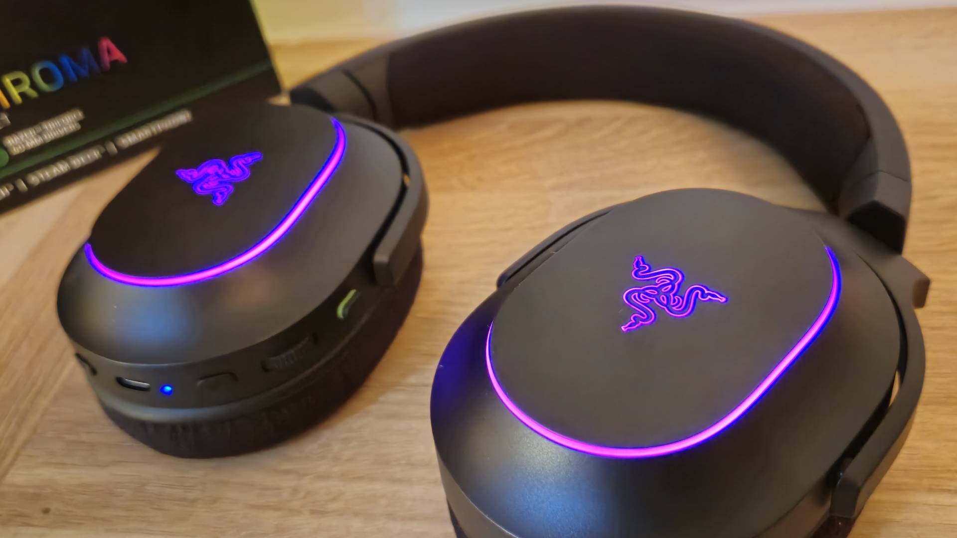 Image of the RGB cups of the Razer Barracuda X Chroma gaming headset as taken by author Rosalie Newcombe.