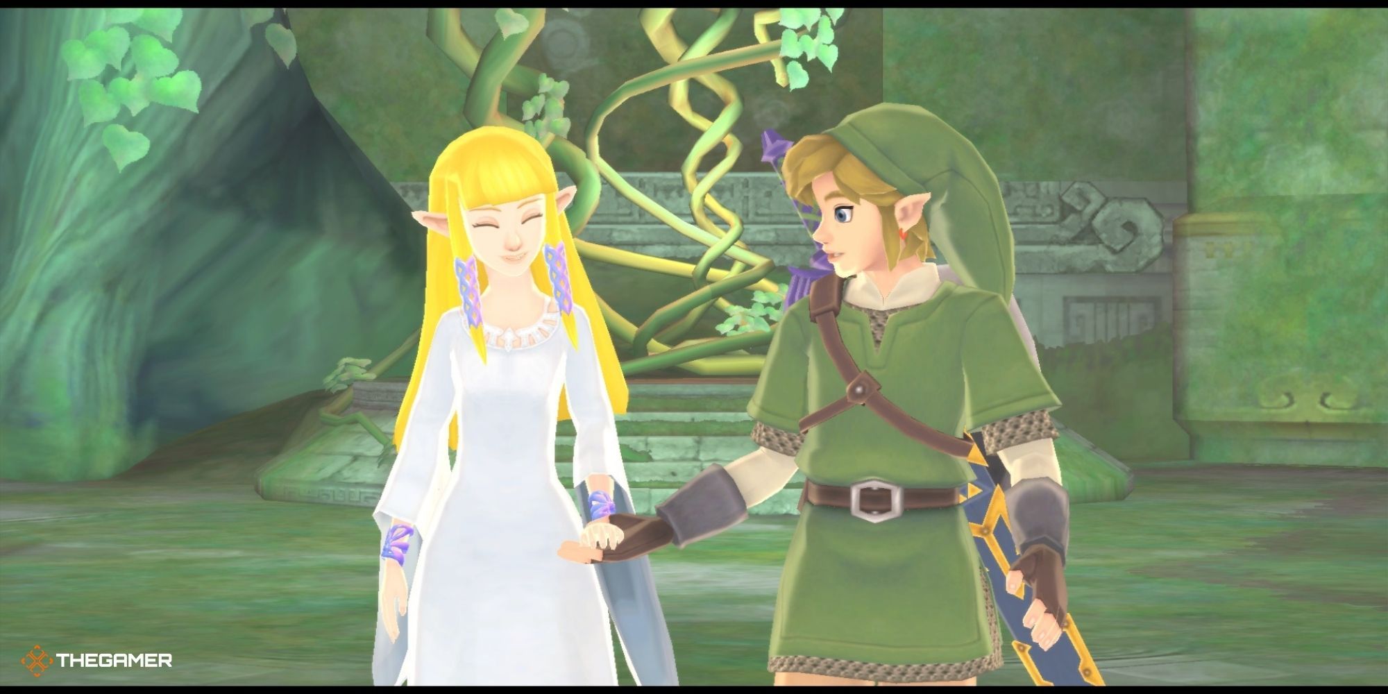 Link holds Zelda's hand as she smiles in Skyward Sword.