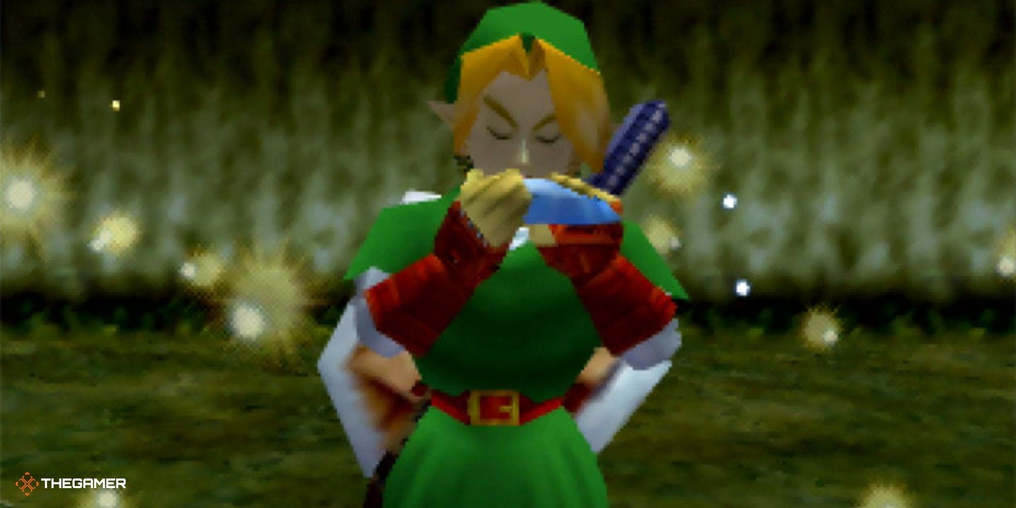 Link playing the ocarina in Ocarina of Time.