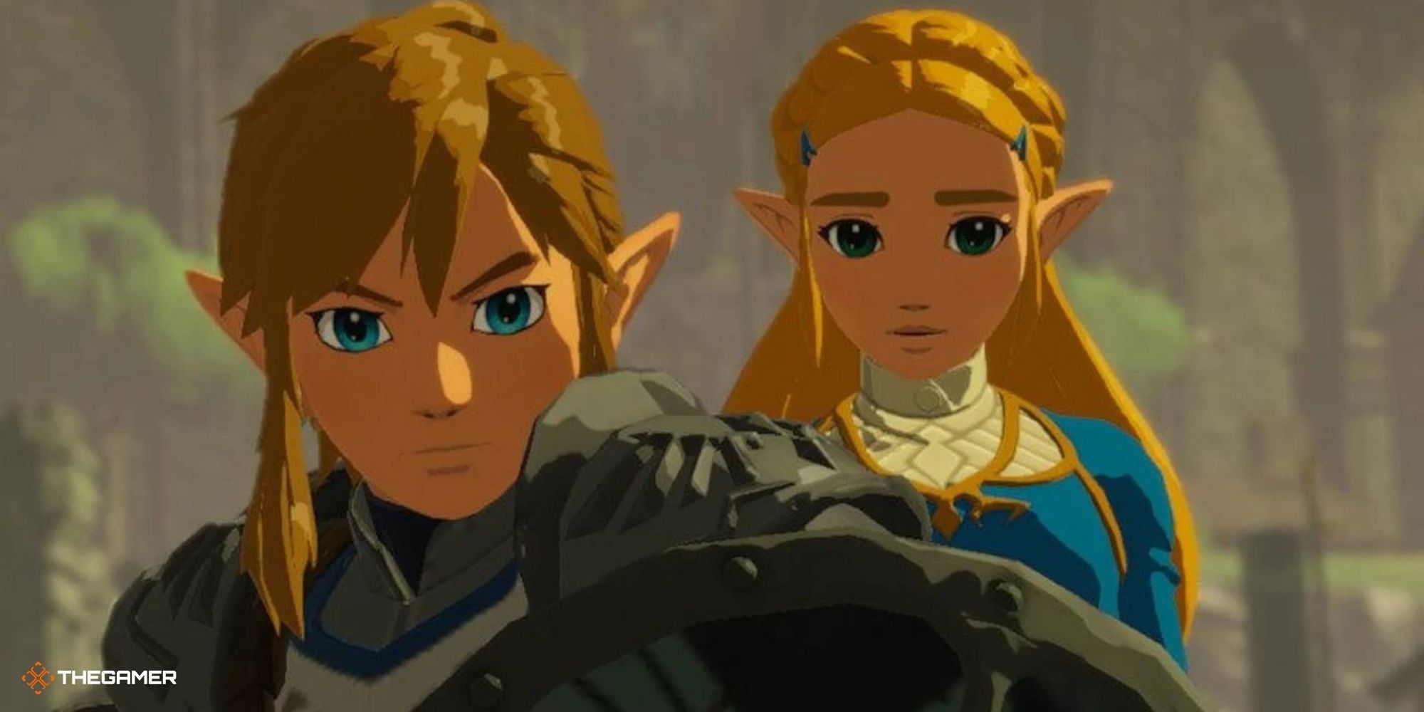 Link standing in front of Zelda with a shield in Breath of the Wild.