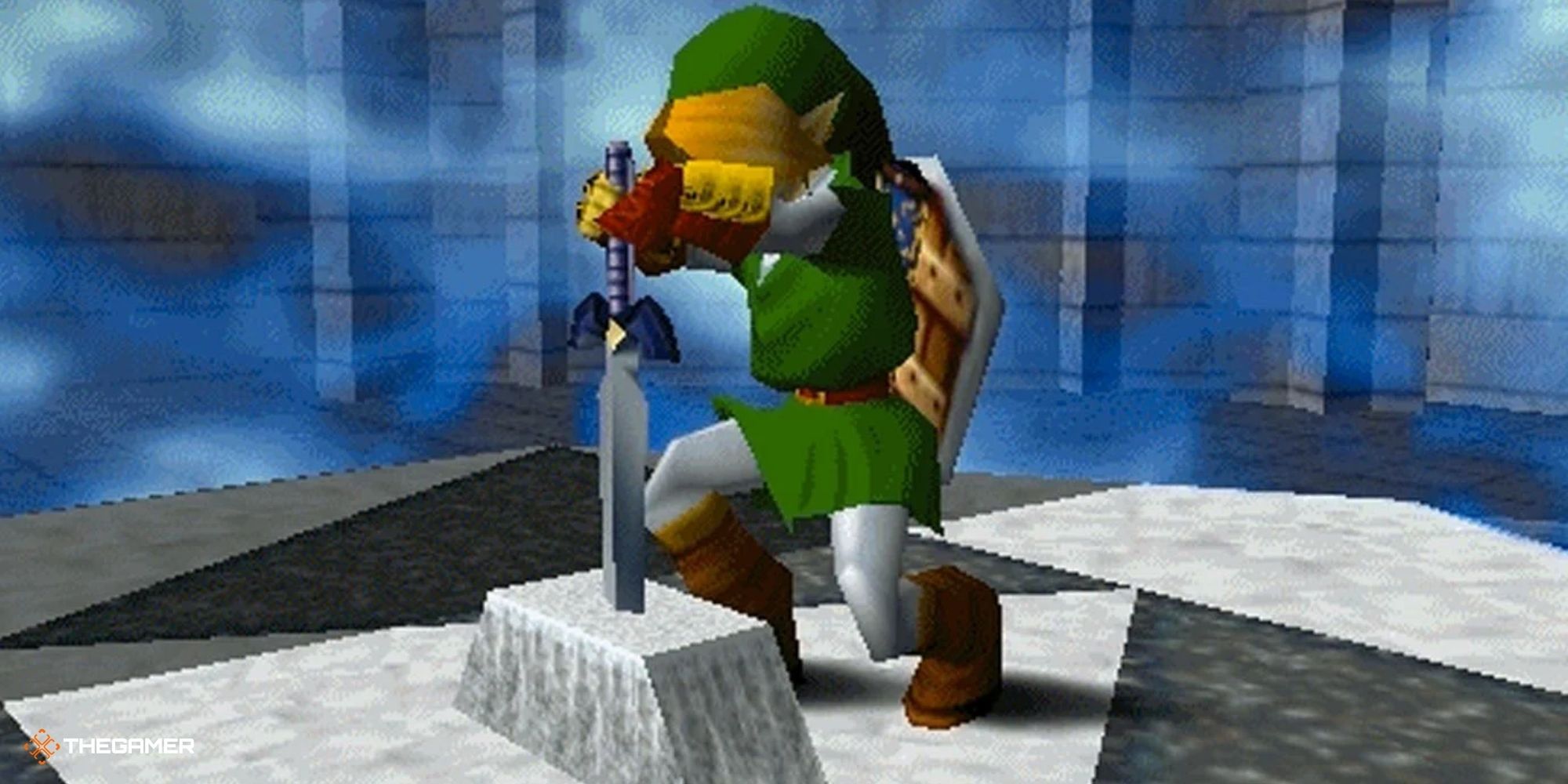 Link pulling the Master Sword in Ocarina of Time.