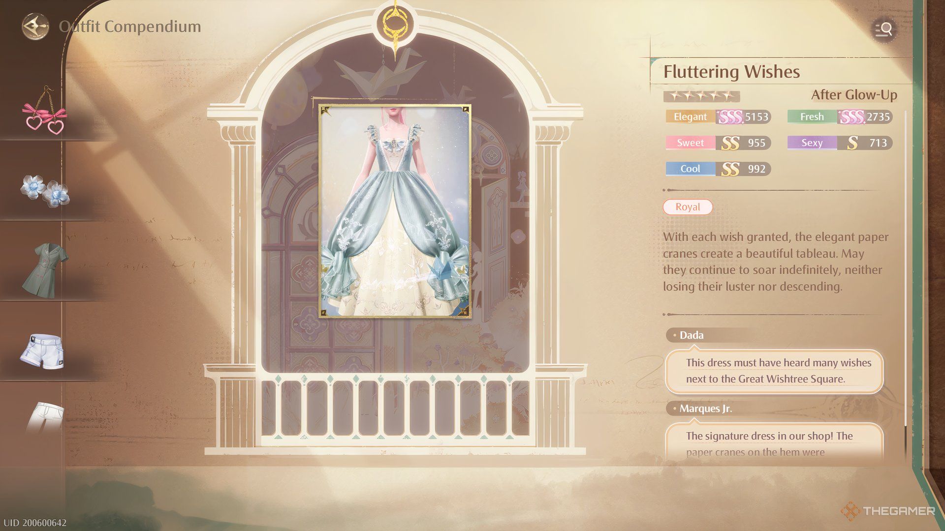 The Stats of the Fluttering Wishes dress are shown in the compendium in Infinity Nikki.