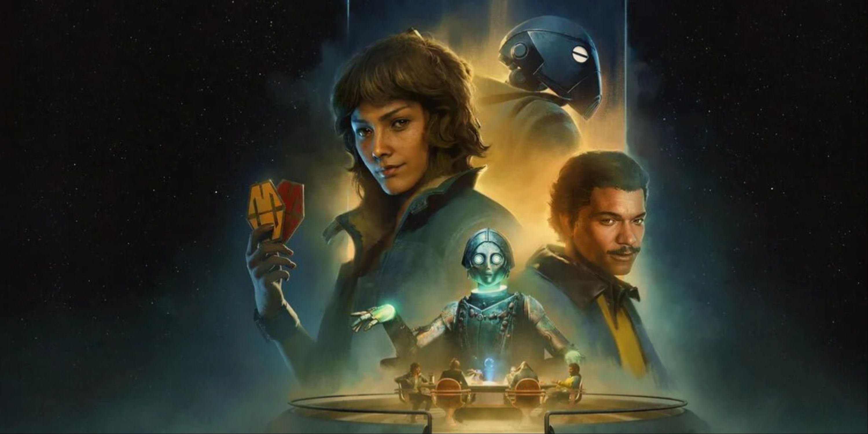 Star Wars Outlaws Wild Card DLC Main Art With Kay Vess, Lando Calrissian, And ND-5.