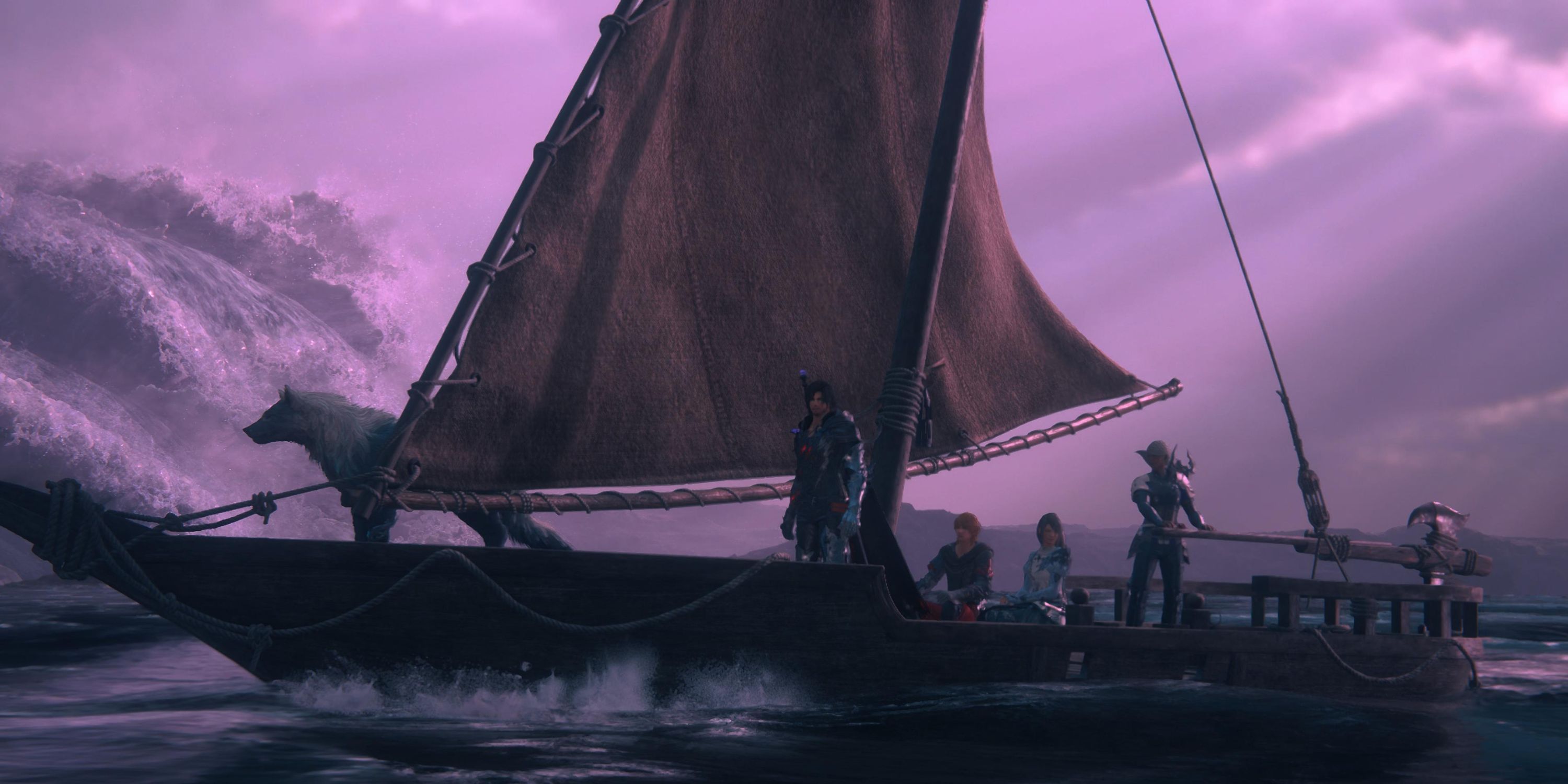 Final Fantasy 16 The Rising Tide DLC - Clive, Torgal, Jill, Joshua, and Shula ride on a boat.