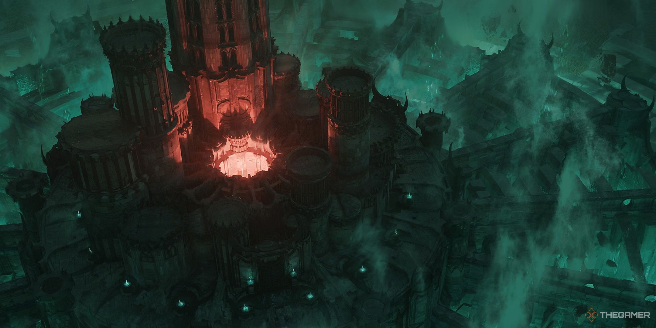 Concept art for the Dark Citadel in Diablo 4, a smokey green castle with a glowing red center.