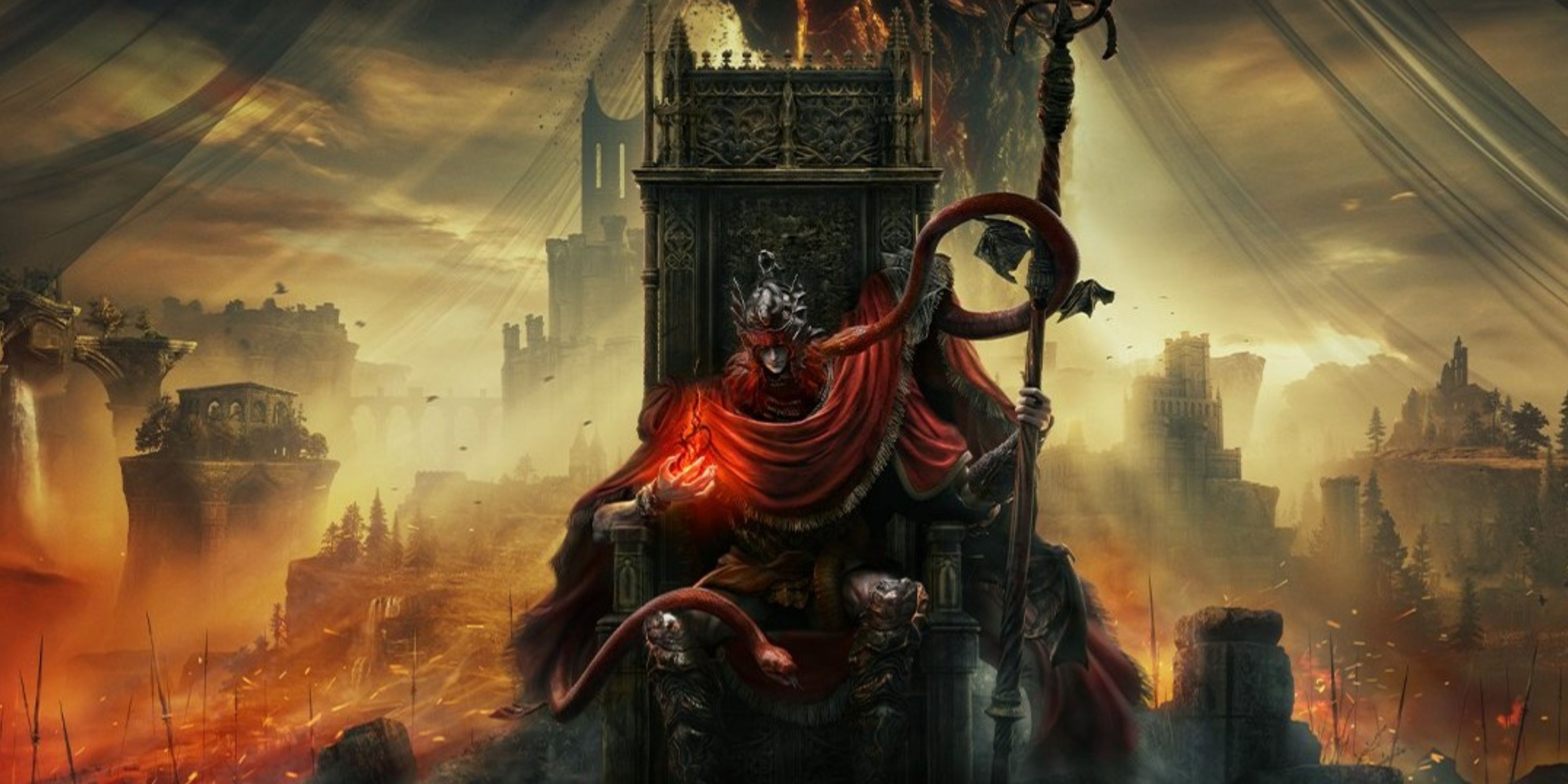 Messmer the Impaler sitting on a throne in the Elden Ring: Shadow of the Erdtree main art.