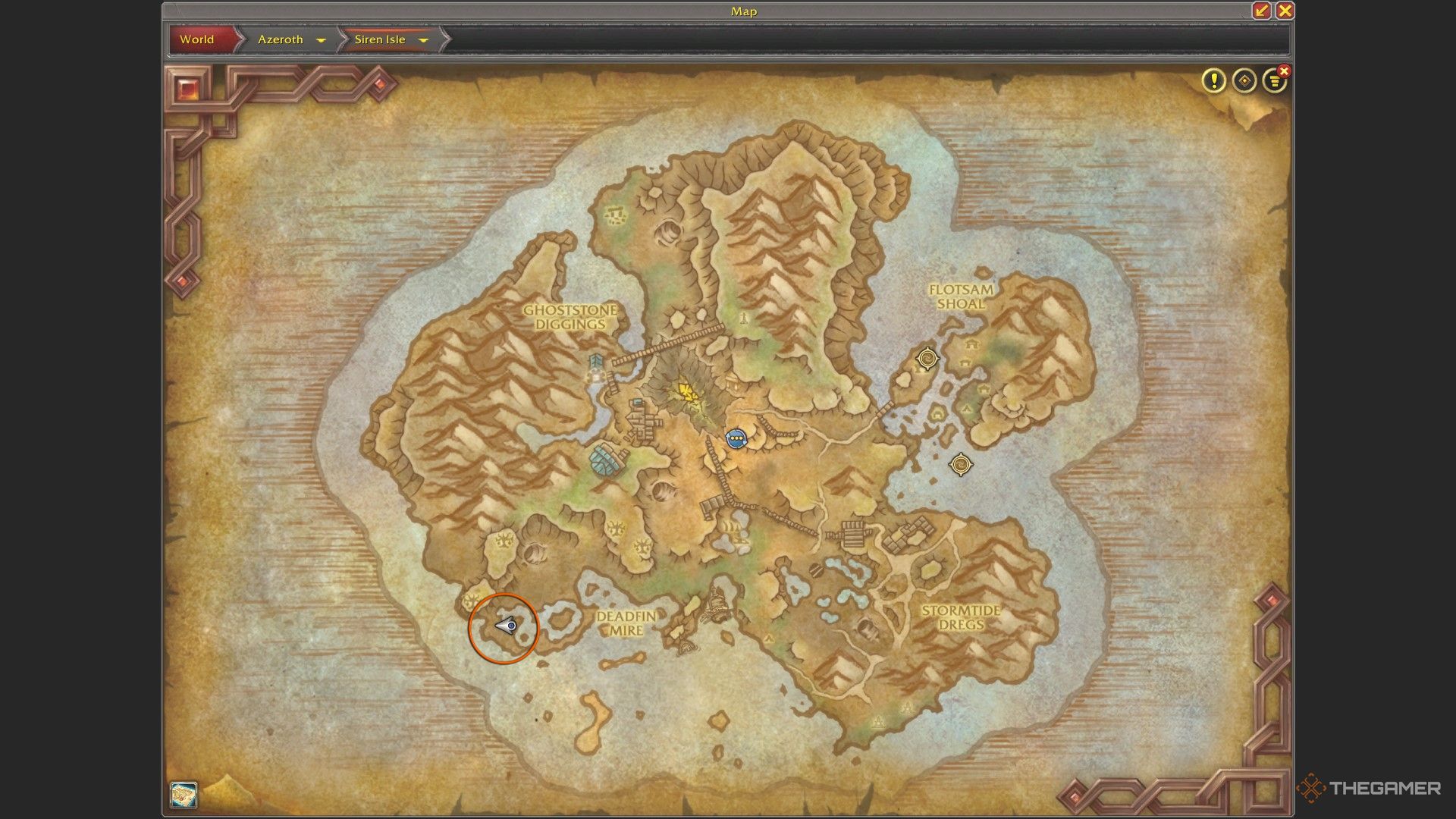 The map of Siren Isle with the location of Bloodbrine, circled in orange.