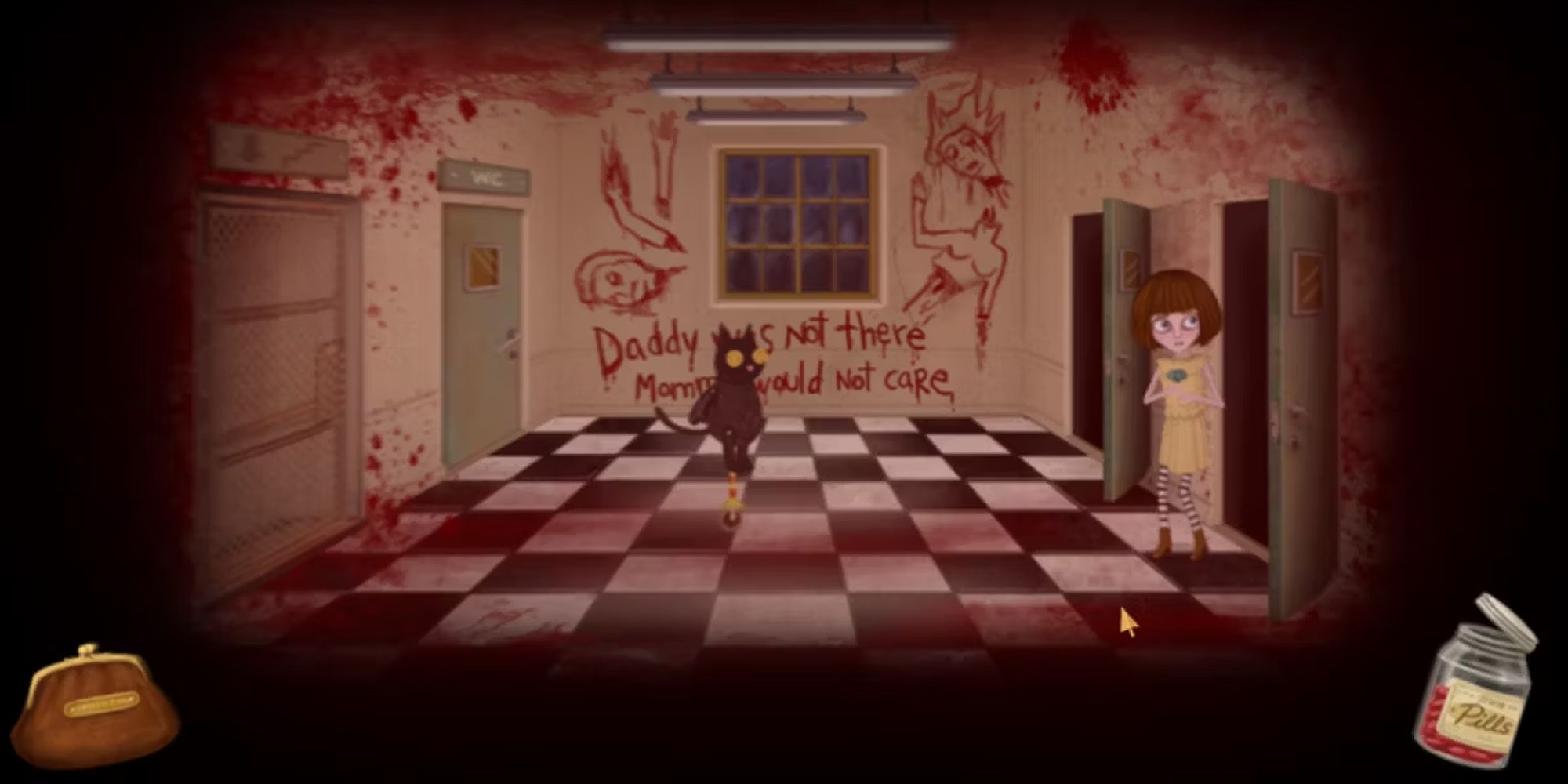 Fran Bow In A Red Aura Corridor With Red Markings about "mommy and daddy".