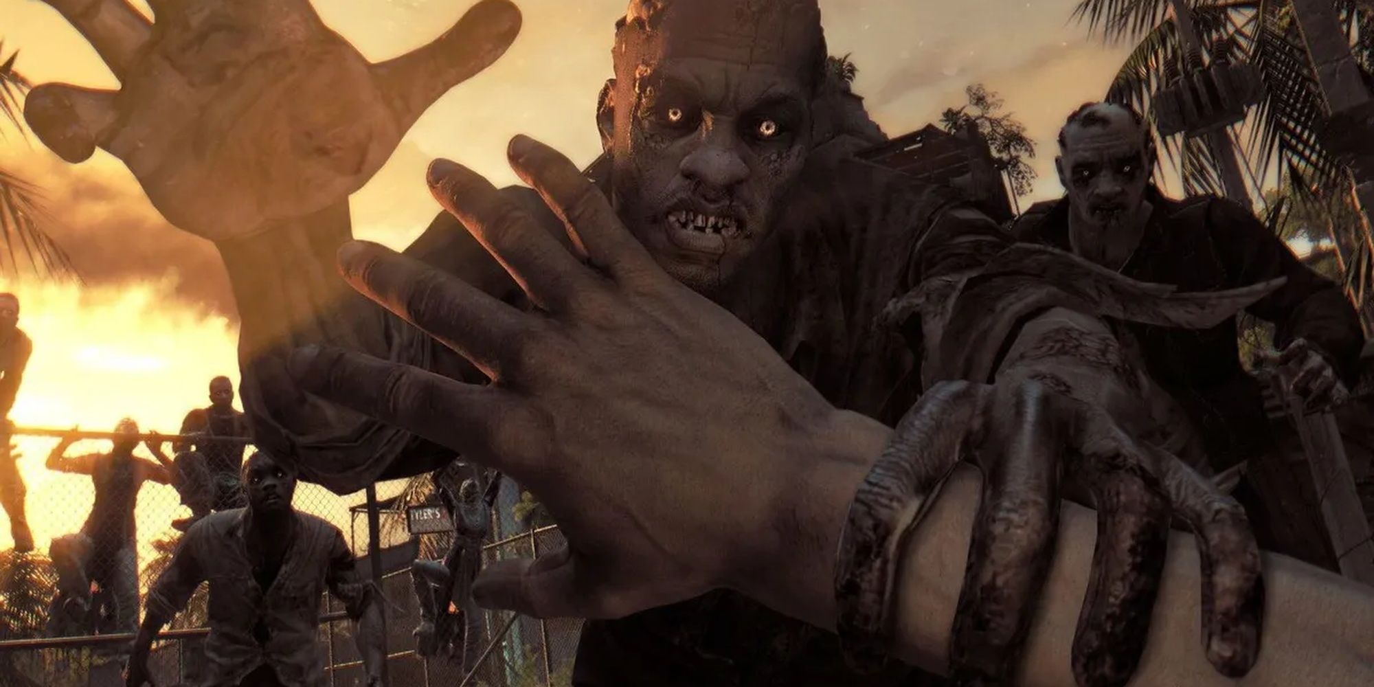 A large group of infected grabbing Kyle Crane in Dying Light.