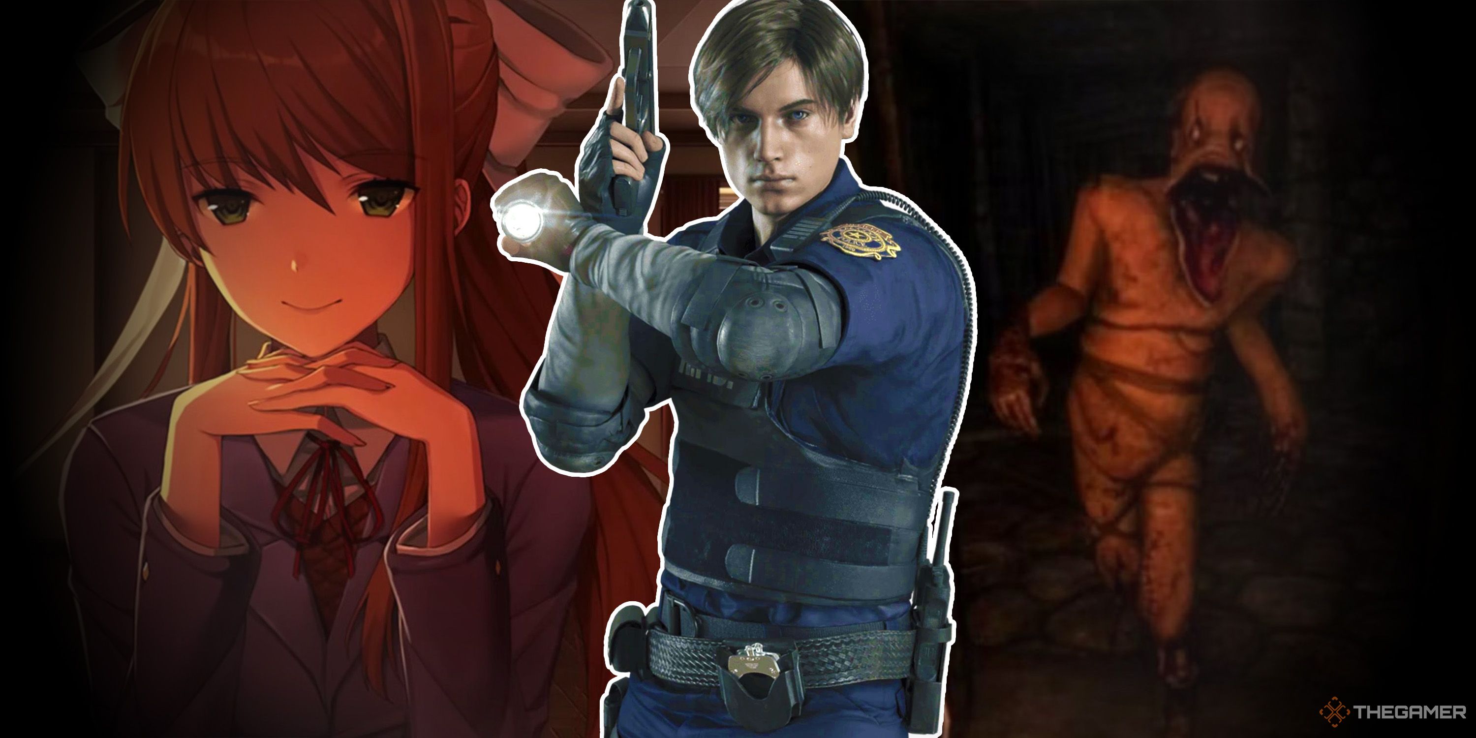 A split image of Monika from Doki Doki Literature Club, Leon Kennedy from Resident Evil 2, and a monster from Amnesia.