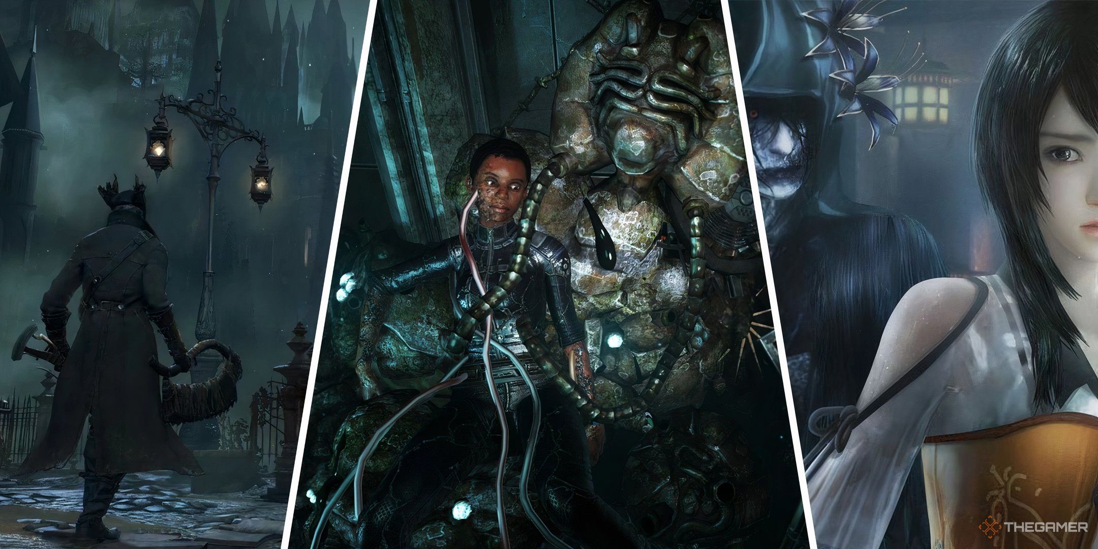 Three-image collage of scenes from Bloodborne, Soma, and the main art for Fatal Frame: Maiden of Black Water.