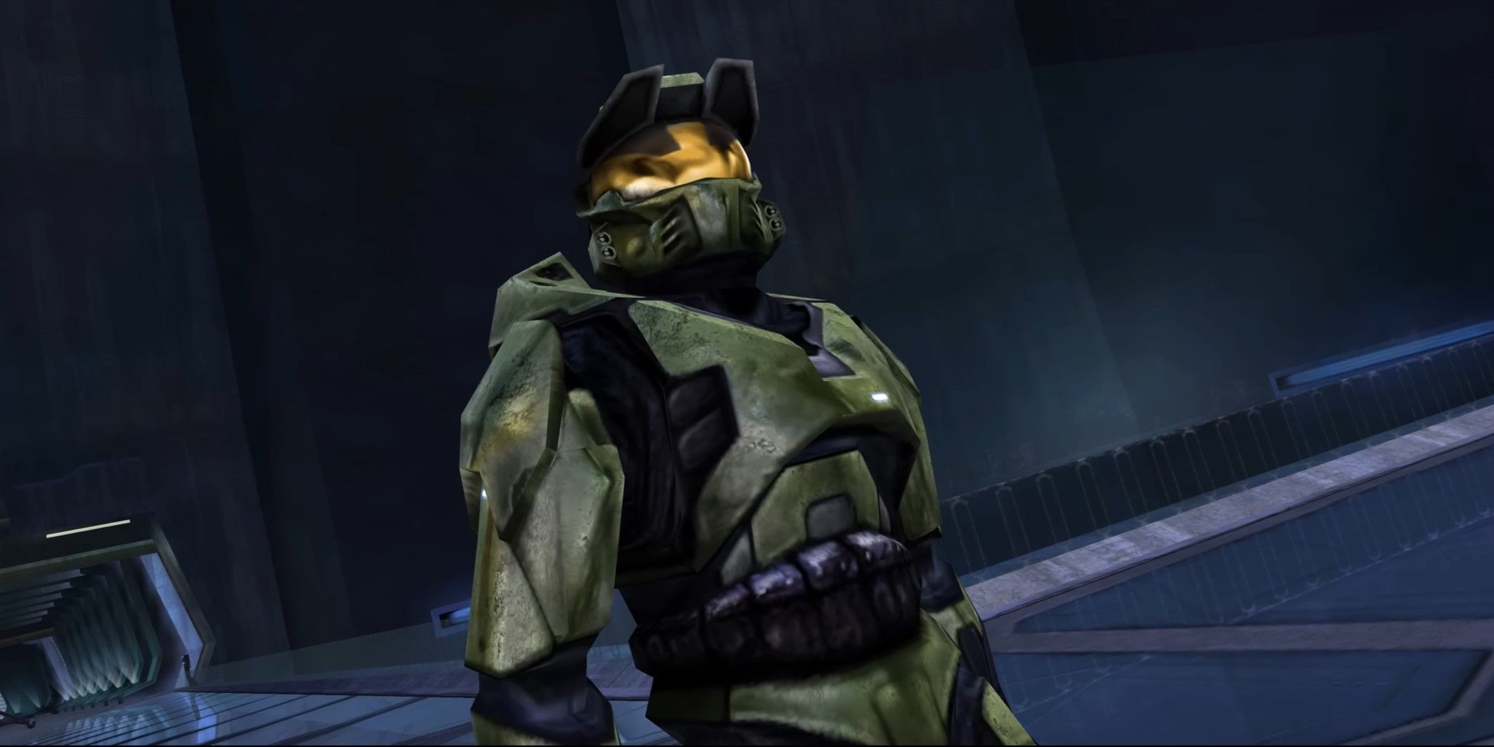 Master Chief loking up in his Mark V Armor in Halo: Combat Evolved.