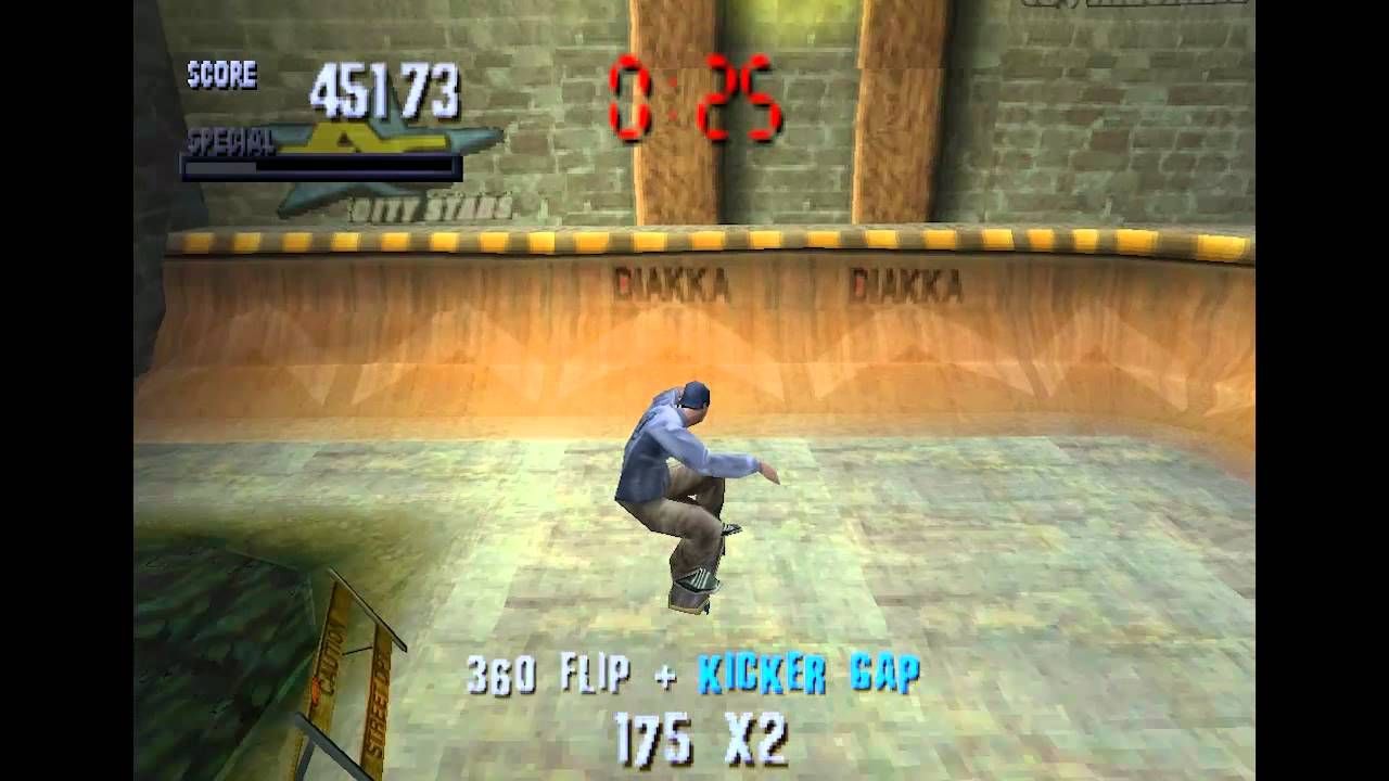 Someone on a skateboard in Tony Hawk's Pro Skater.