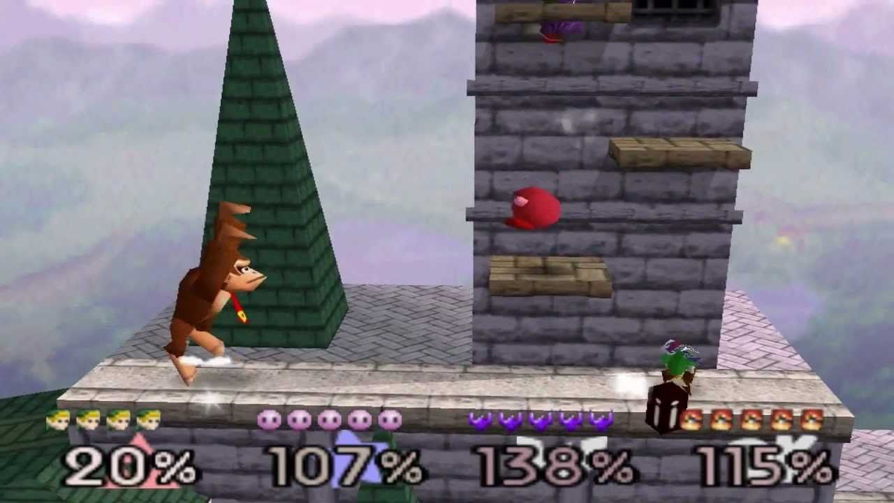 Donkey Kong and Kirby in Super Smash Bros. 64.