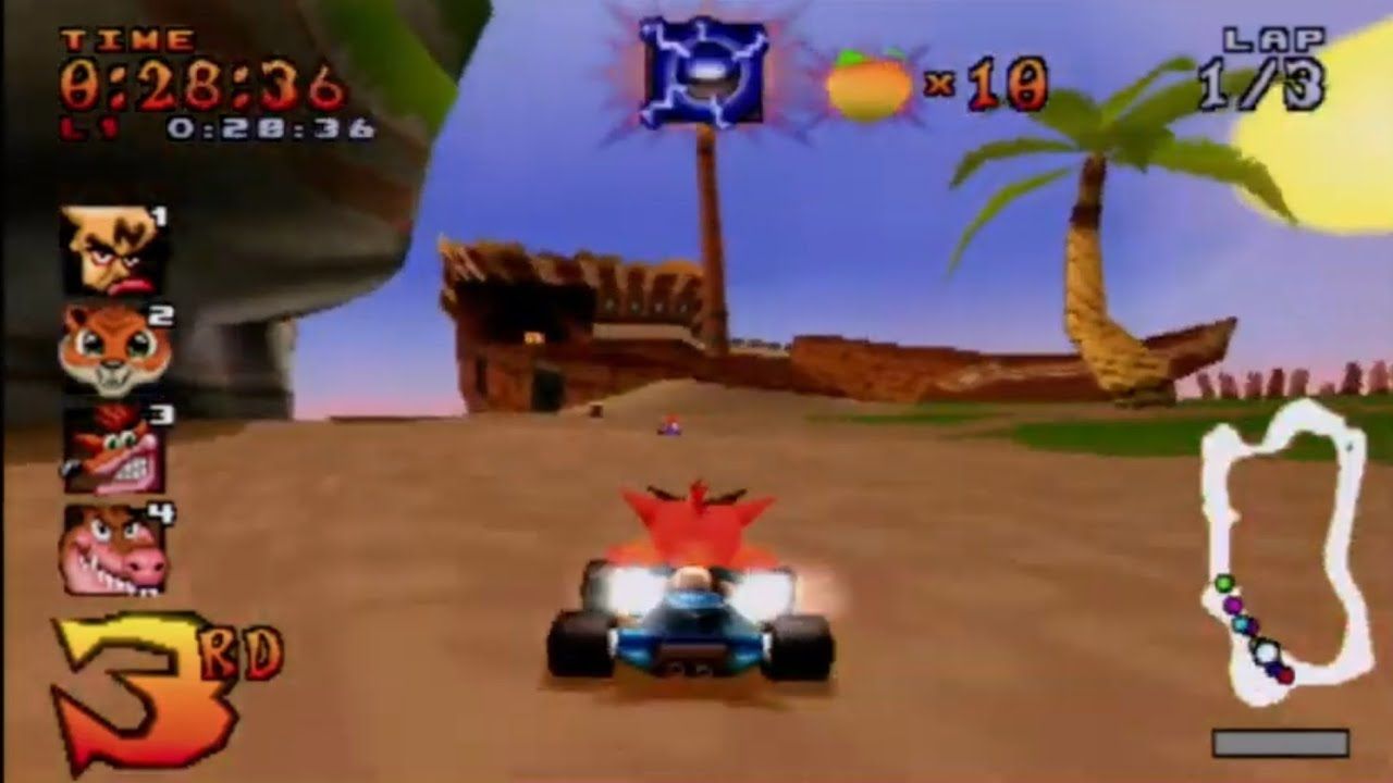 Crash in a kart in Crash Team Racing.