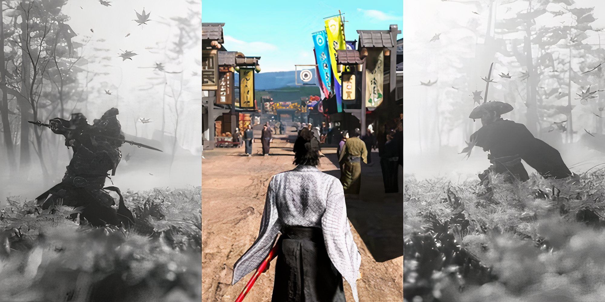 ghost of tsushima images on left and right and ryouma from like a dragon ishin in centere