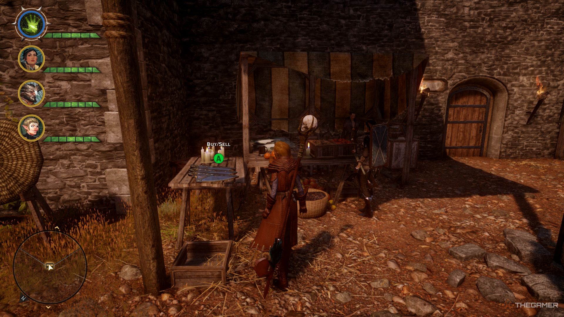 Dragon Age Inquisition screenshot of the Inquisitor standing at a store.