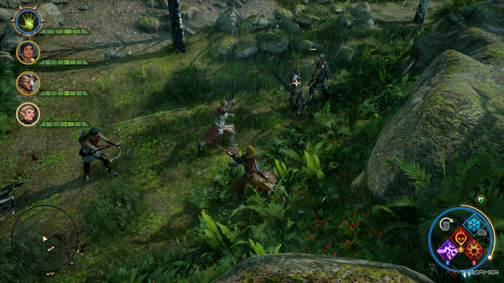 Dragon Age Inquisition screenshot of the Inquisitor in a fight containing multiple combatants.