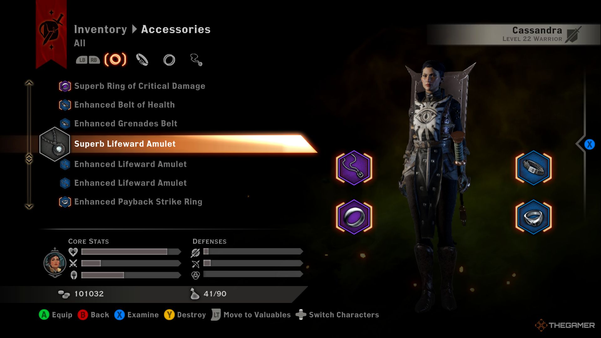 Dragon Age Inquisition screenshot of the accessories tab within Cassandra's inventory.