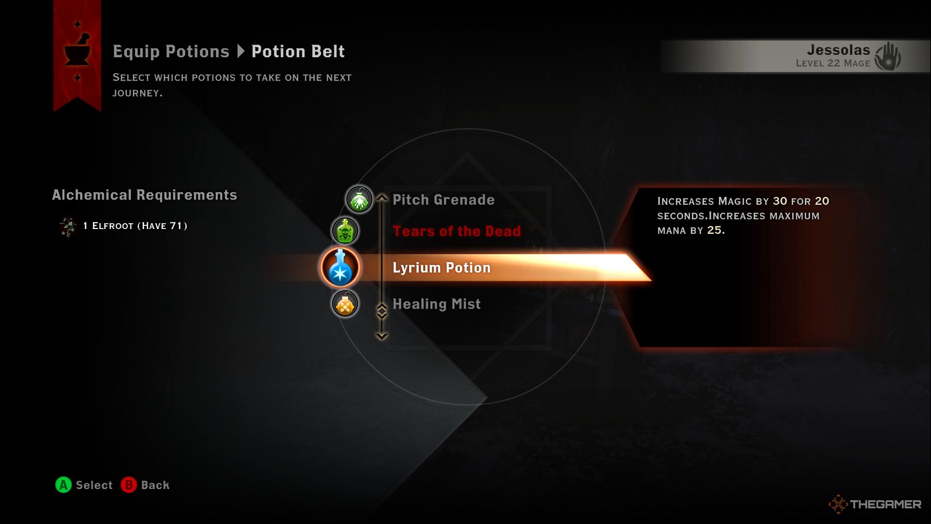 Dragon Age Inquisition screenshot of the equipping potions screen.