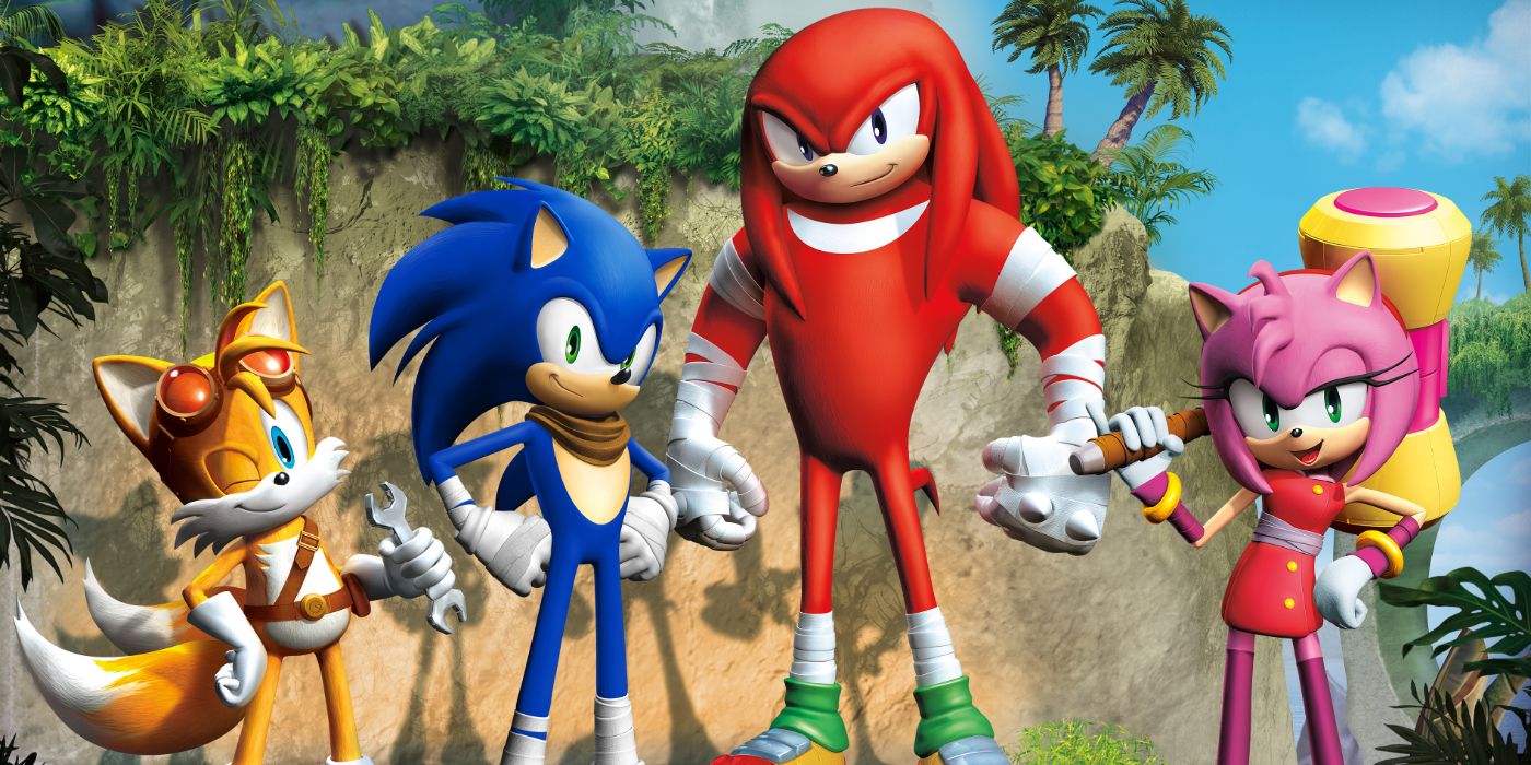 From left to right: Tails, Sonic, Knuckles and Amy in their Sonic Boom variants.