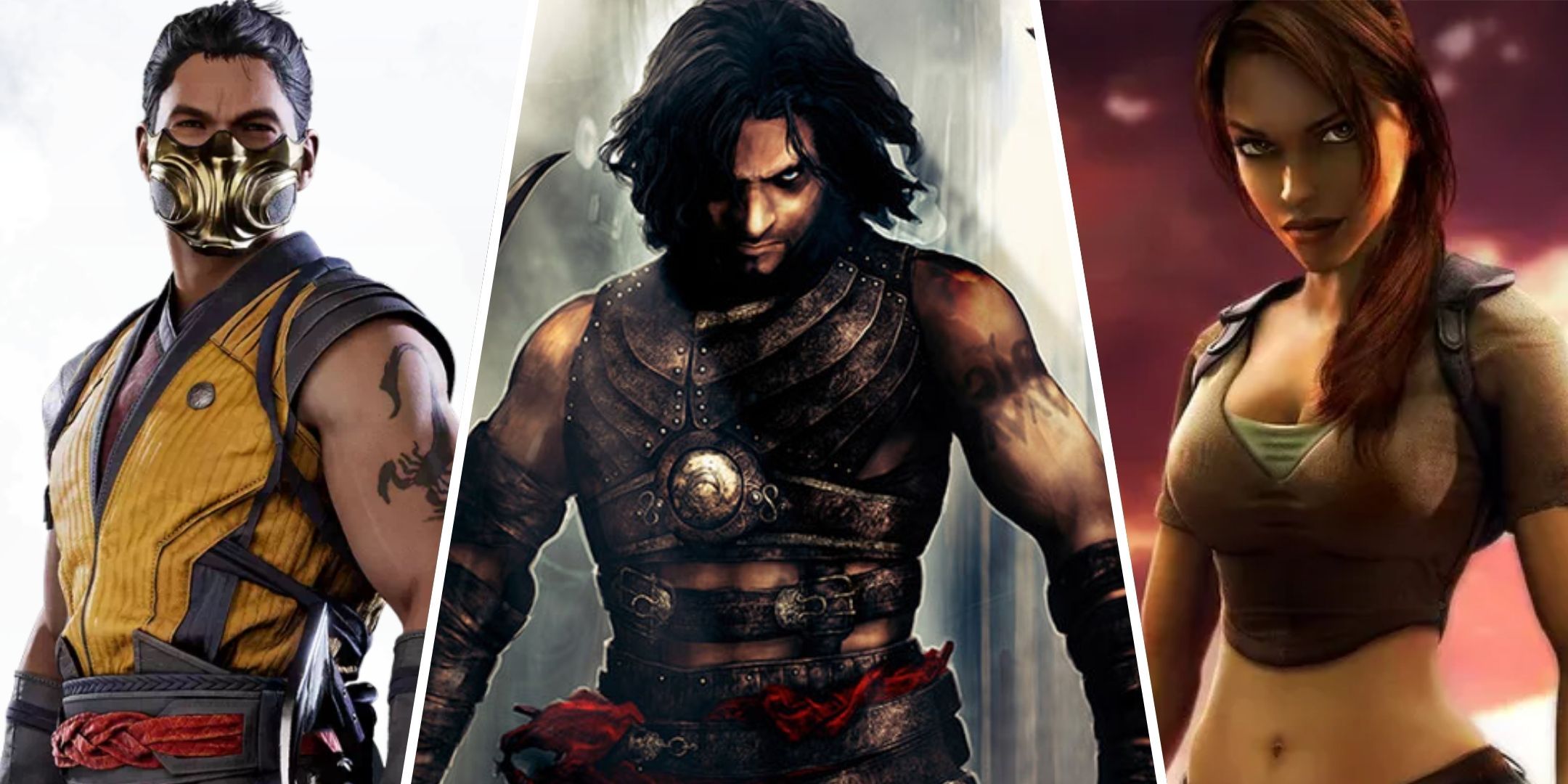 Split image of Scorpion from Mortal Kombat, the prince from Prince of Persia and Lara Croft from Tomb Raider.