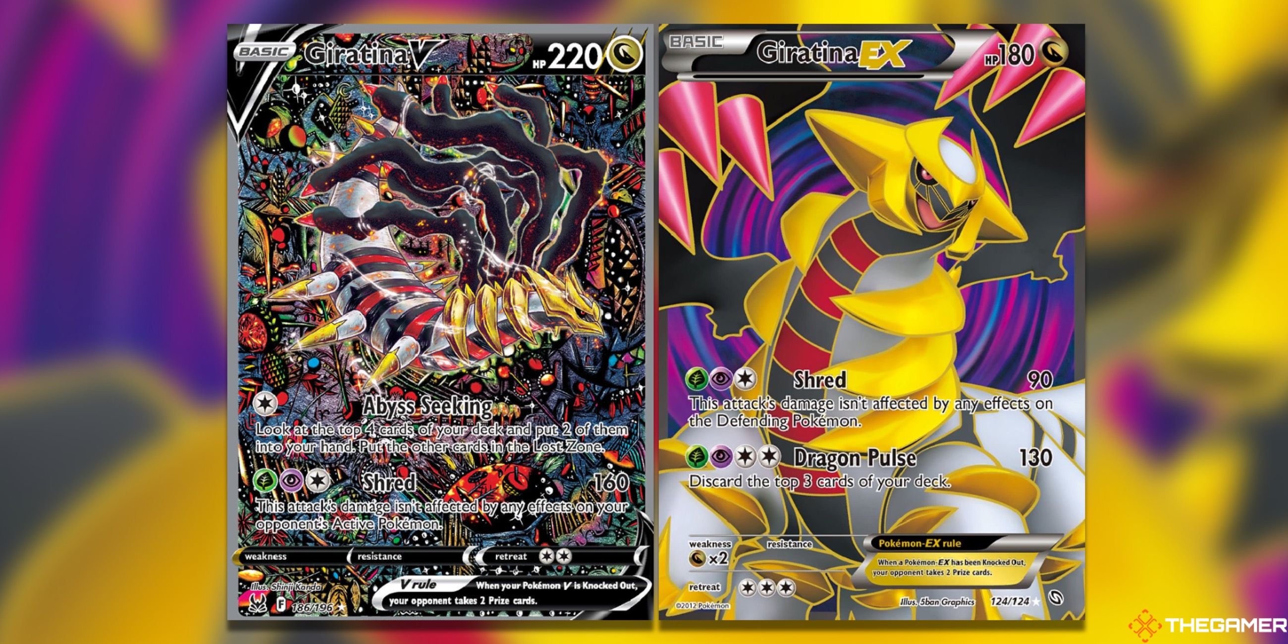 The Giratina V from Lost Origin and Giratina EX from Dragons Exalted in the Pokemon TCG.