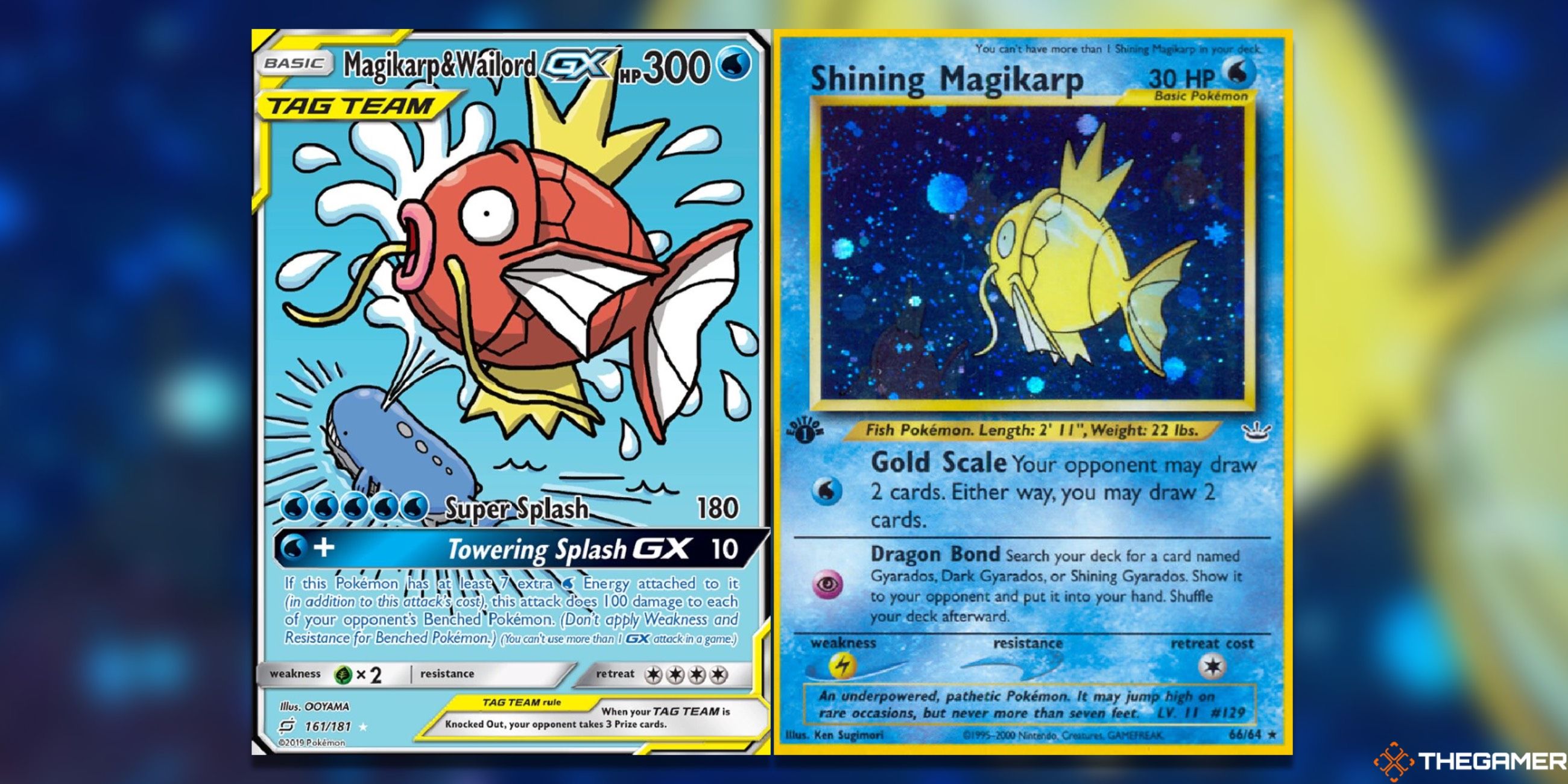 The Magikarp & Wailord GX Alt Art from Team Up and Shining Magikarp from First Edition Neo Revelation in the Pokemon TCG.