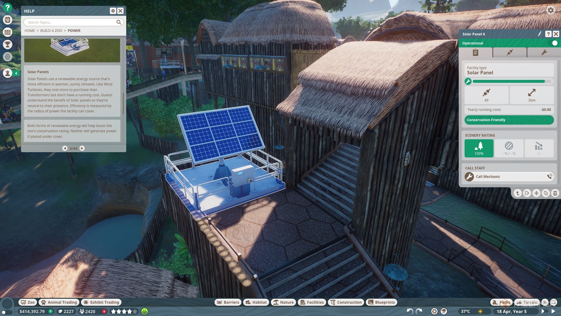 Planet Zoo Examining a solar panel's information.