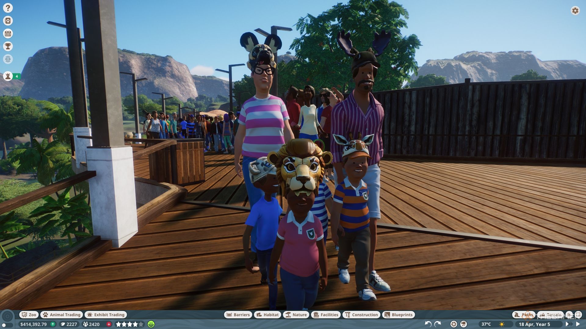 Planet Zoo A family of guests each wearing animal themed hats.