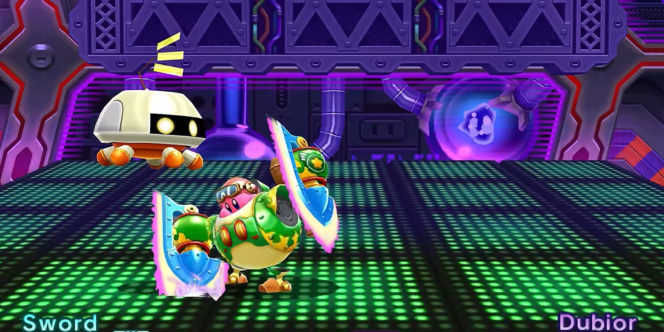 Kirby using a sword power in its robobot against a boss in Kirby Planet Robobot.