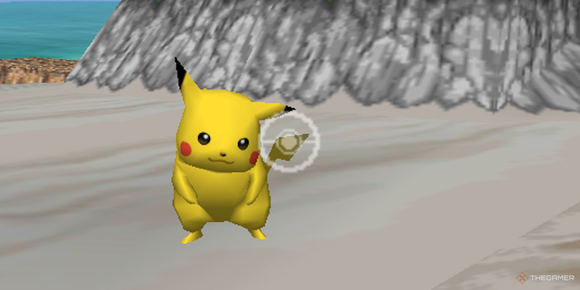 Pikachu poses for a picture on the beach in Pokemon Snap.